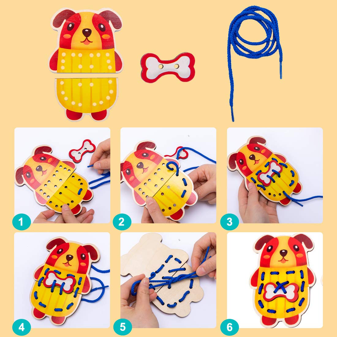 Promise Babe 5 Pack Wooden Animal Lacing Cards - Montessori Threading Toys for Toddlers, Educational Preschool Learning Toys for Fine Motor Skills Development - Perfect for Classroom, Homeschool & Travel Activities