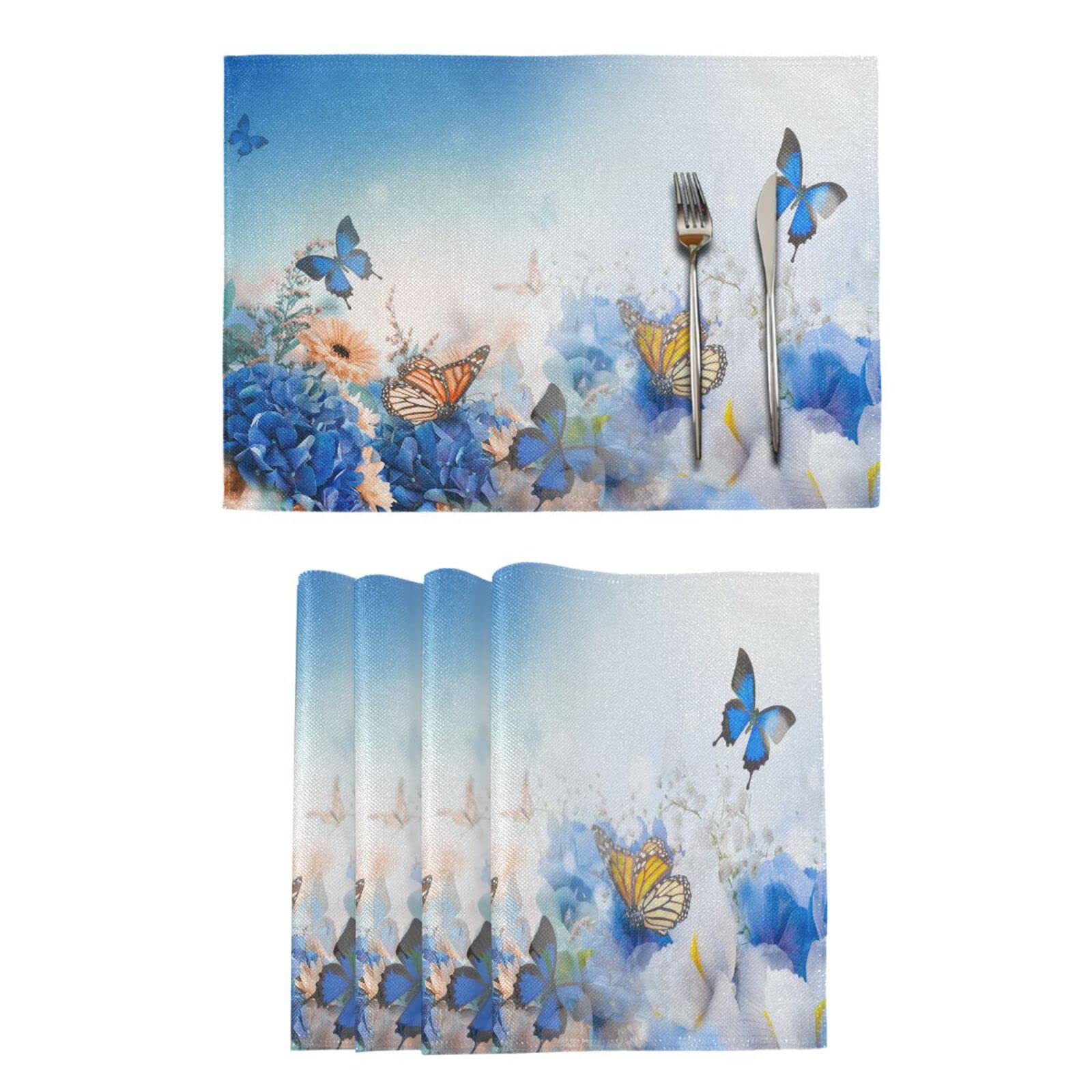 Blue Butterfly Floral Placemats Set of 4 - Washable & Heat Resistant 12x18 Inch Decorative Table Mats for Kitchen & Dining Room - Perfect for Spring Decor, Dinner Parties & Everyday Use