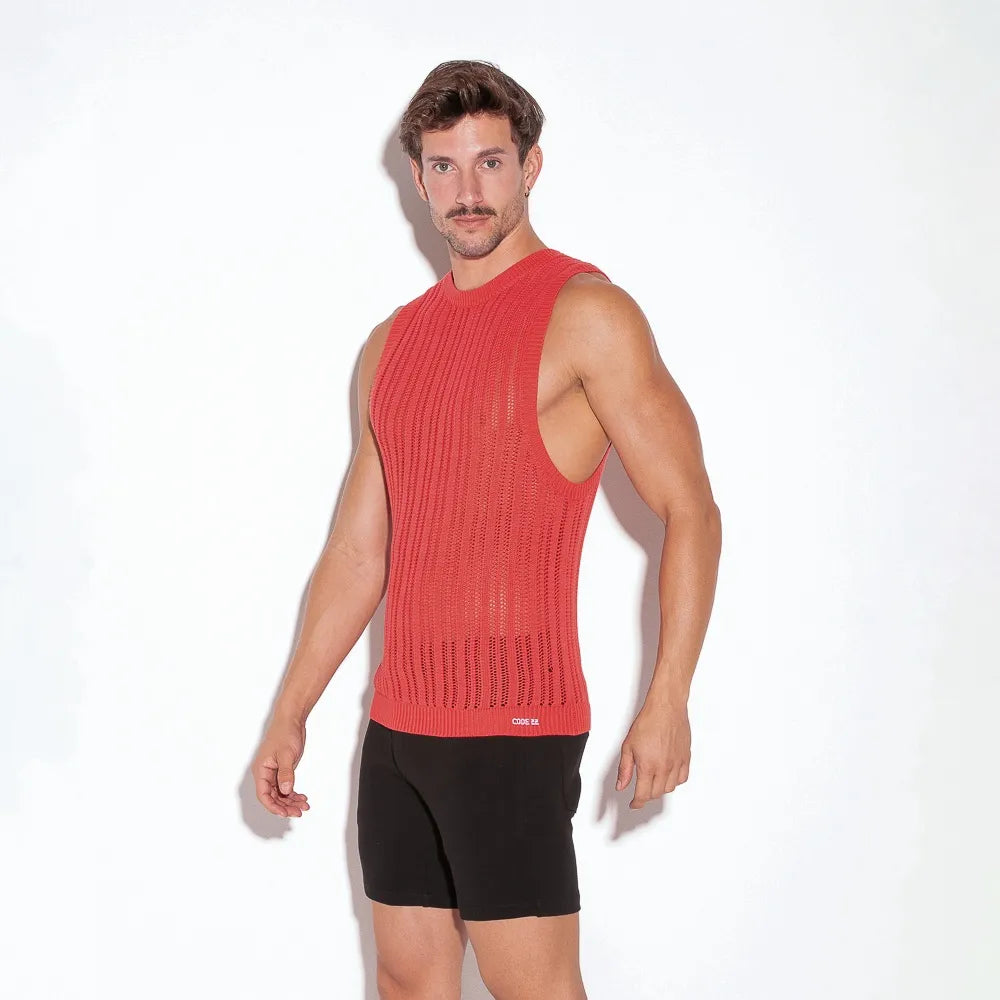 Code 22 Knit Muscle Tank Top 7002 - Coral Red | Workout, Gym, Yoga & Casual Wear for Women