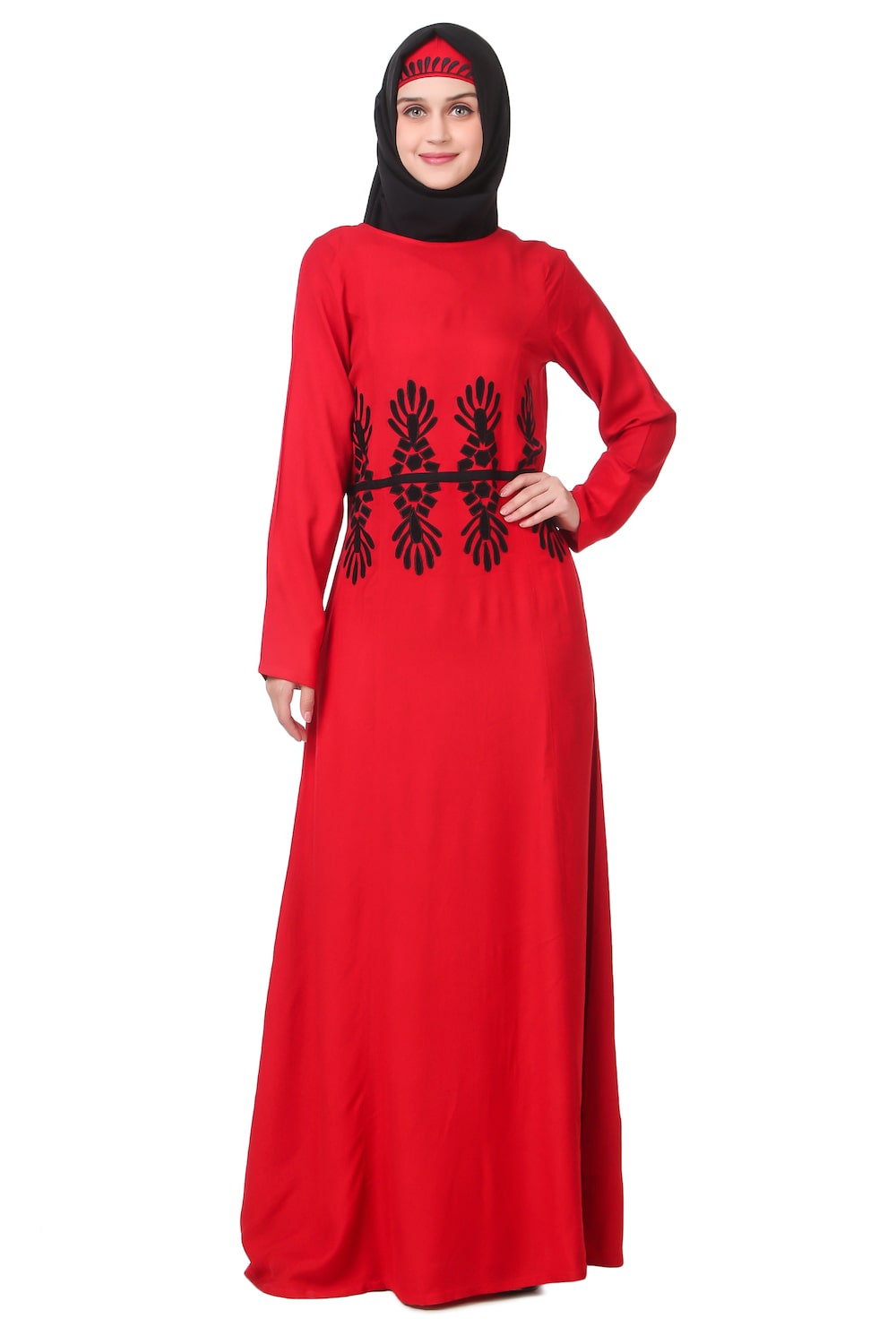 Stylish Red Rayon Abaya with Elegant Graphic Pattern - Perfect for Eid, Prayer, and Special Occasions