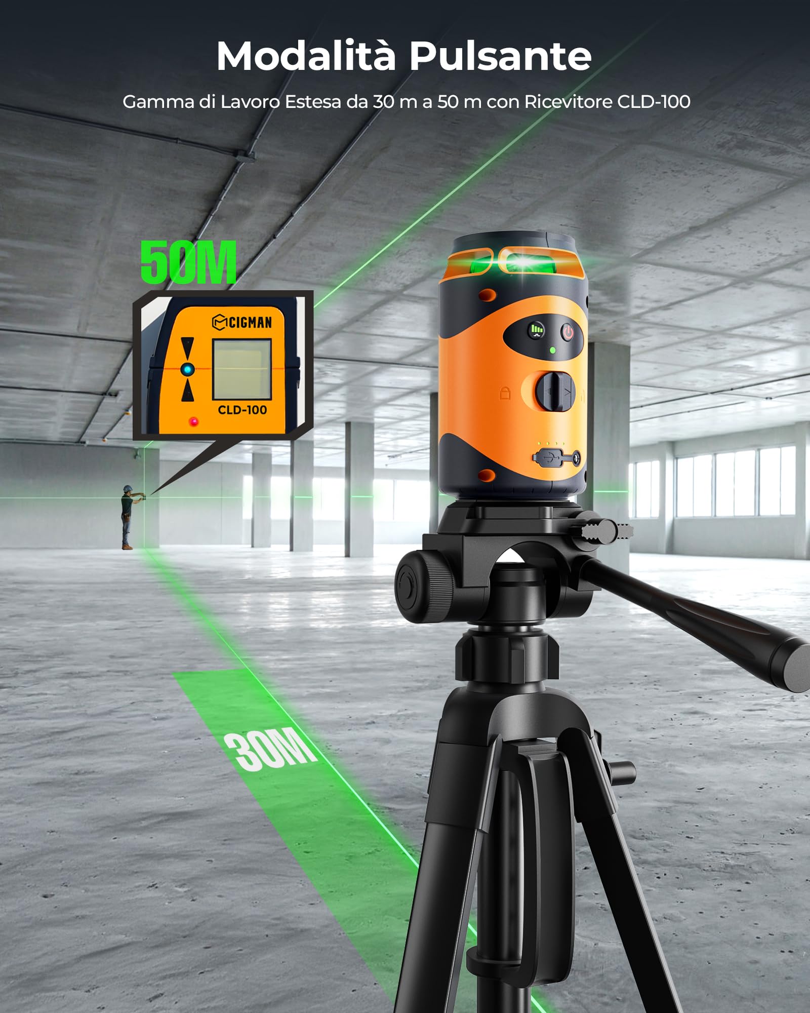 CIGMAN 360° Self-Leveling Green Cross Line Laser Level with Tripod - 100Ft Range, Rechargeable Battery & Pulse Mode - Perfect for Construction, Picture Hanging, Tile Installation & DIY Projects - Includes L-Bracket & Carry Pouch