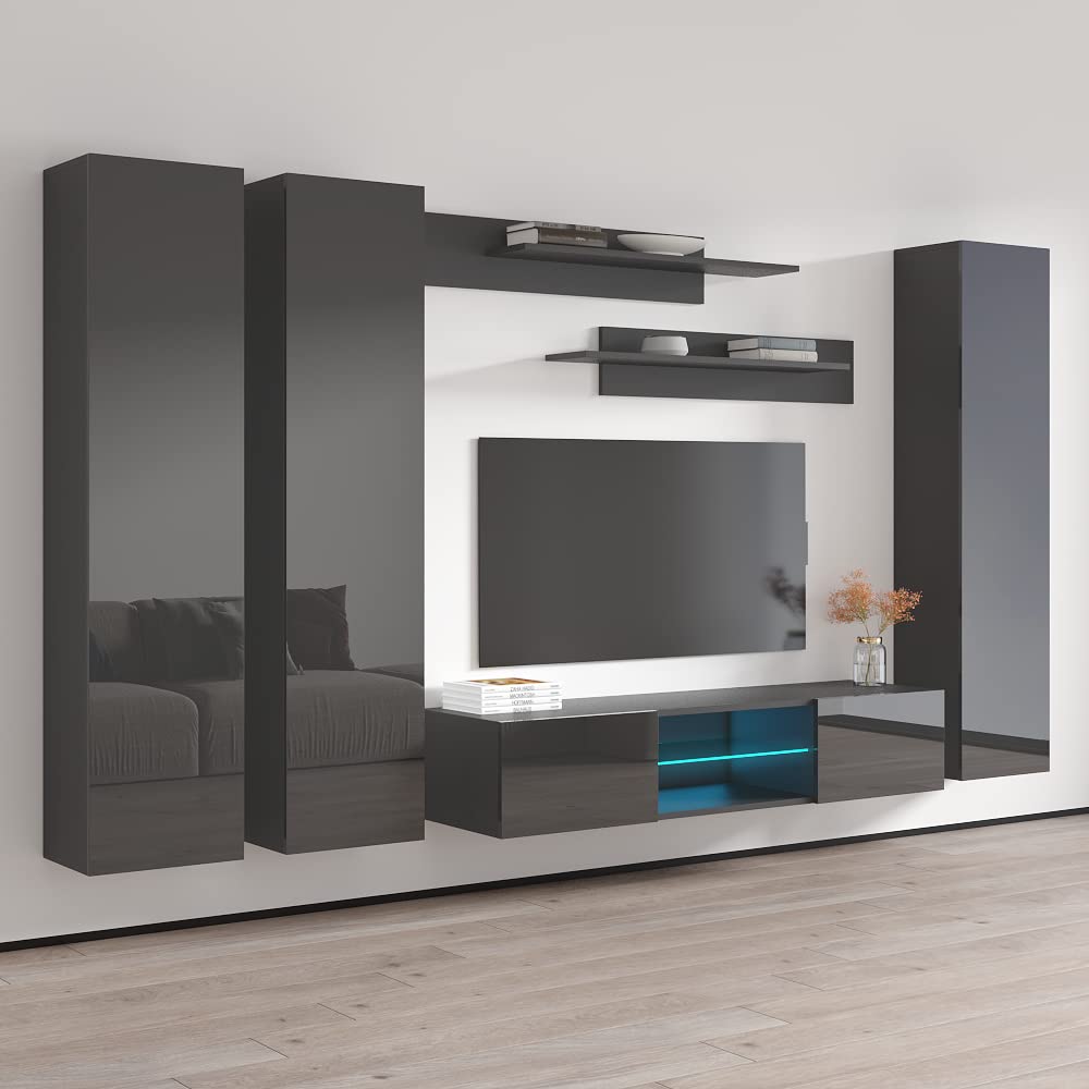 Modern Gray Fly C 33 Wall-Mounted TV Stand with Storage Shelves & LED Lights - Slim Entertainment Center Console for Bedroom & Living Room - Space-Saving Media Storage Solution for TVs up to 65