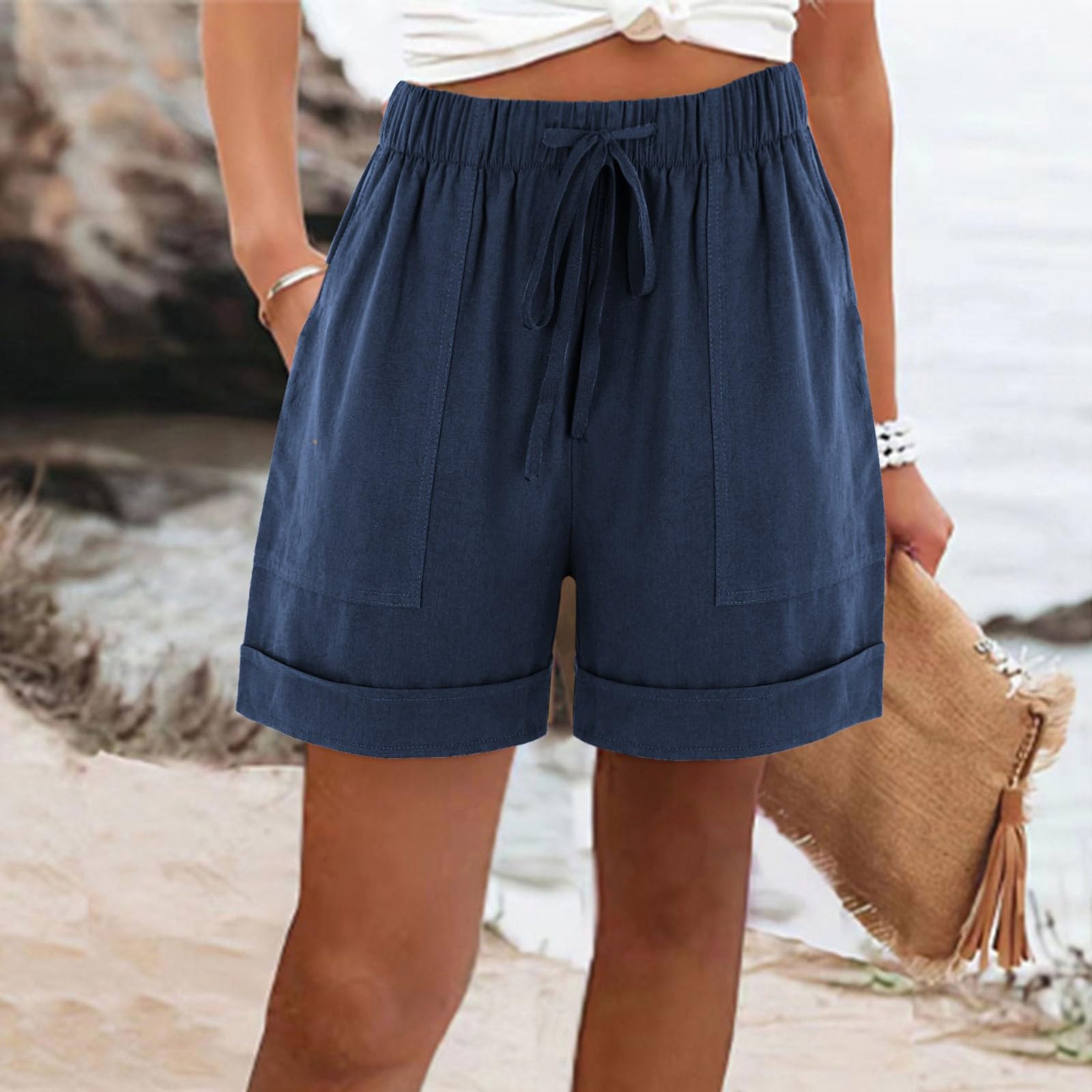 Women's Cotton Linen Shorts - Loose Summer Shorts with Pockets for Beach & Travel