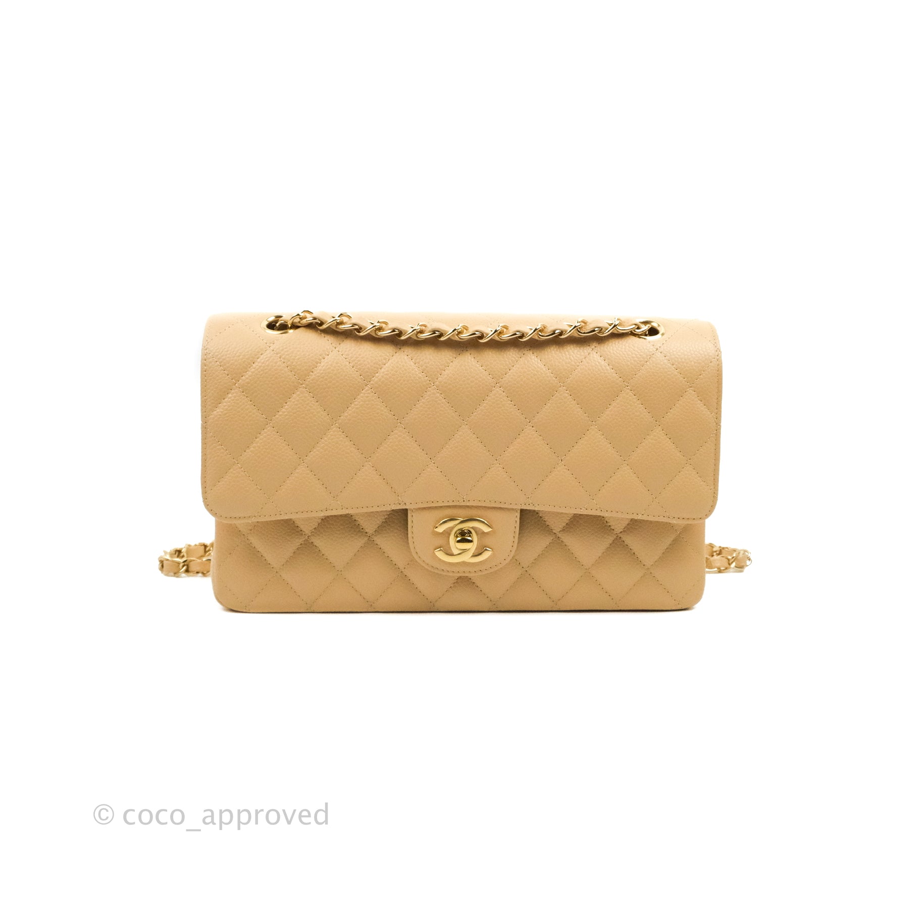 Chanel Classic Medium Double Flap Bag Quilted Beige Caviar Leather with Gold Hardware - Luxury Designer Handbag for Women, Perfect for Work, Evening & Special Occasions