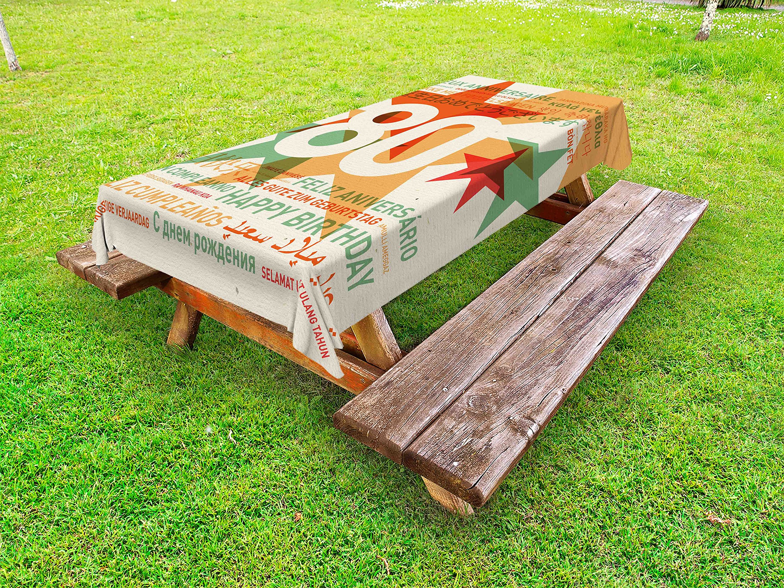 Ambesonne 80th Birthday Party Tablecloth - Washable Outdoor Picnic Table Cover 58x104 Inches - Pale Vermilion & Green Design - Perfect for Birthday Celebrations, Garden Parties & Family Gatherings