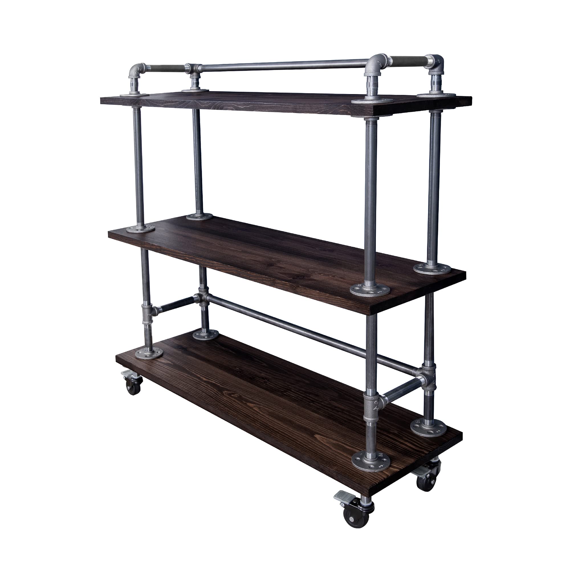 Industrial Pipe Decor Bar Cart - 3-Tier Solid Wood Shelf with Steel Frame & Locking Wheels - Boulder Black Serving Cart for Home, Office, or Restaurant Use