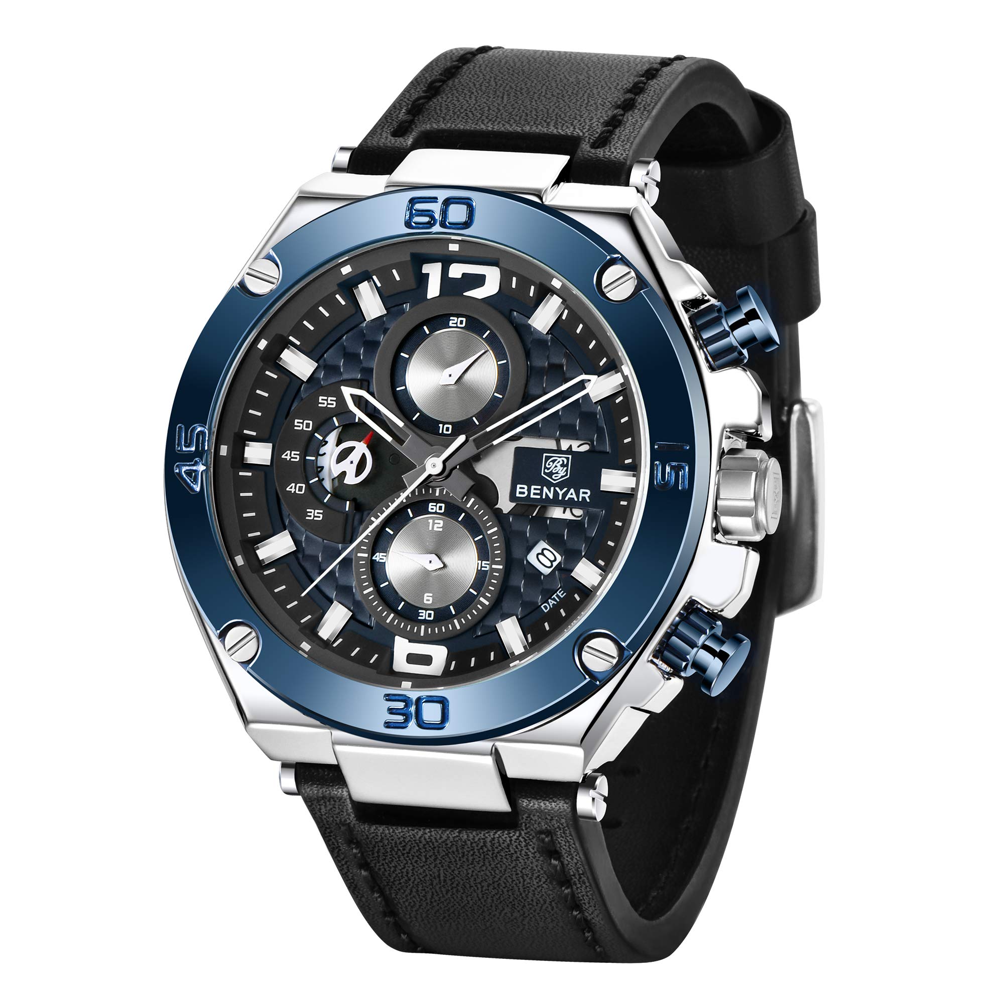BENYAR Men's Chronograph Date Waterproof Sports Watch - Leather Strap Business Wristwatch for Office, Outdoor & Casual Wear