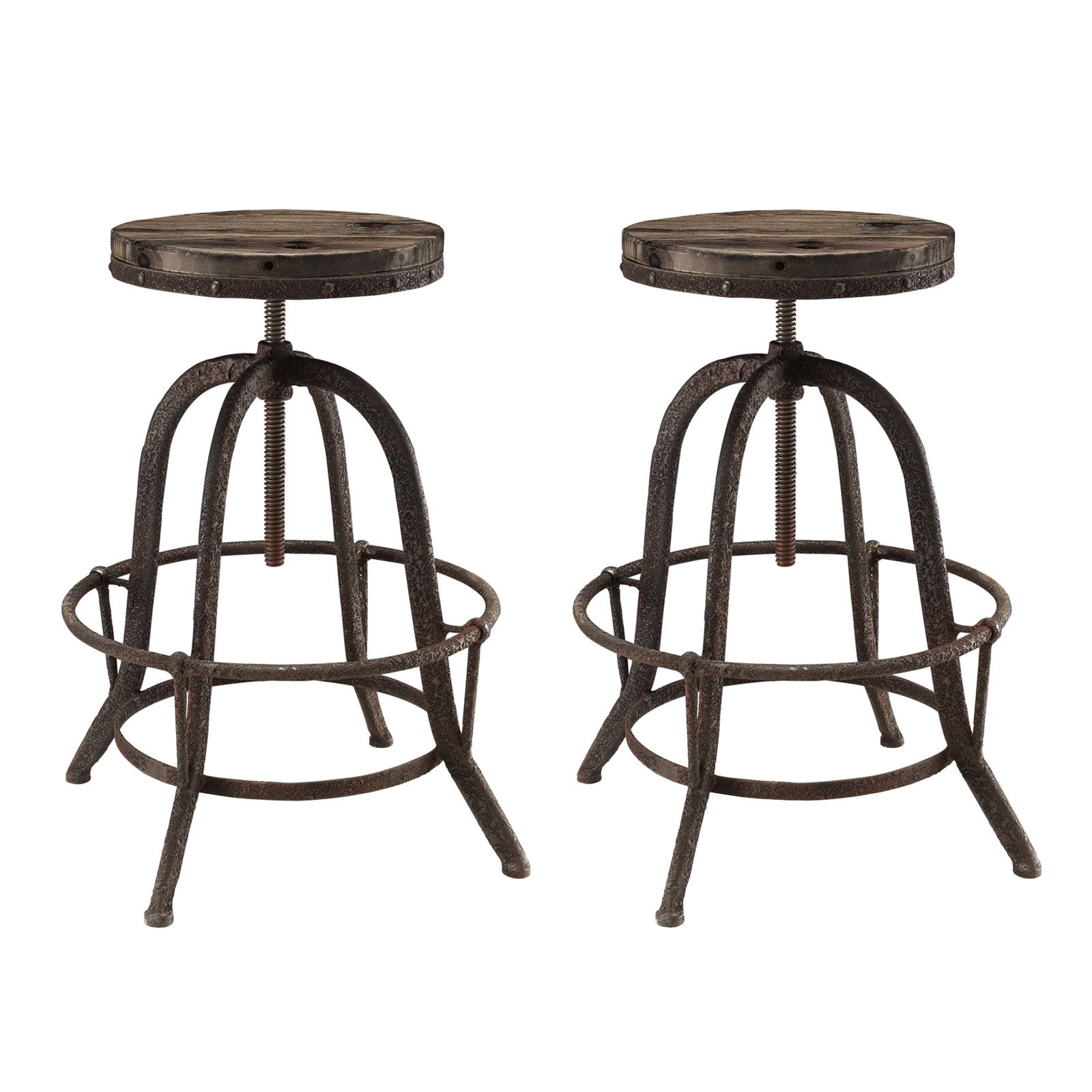 Rustic Farmhouse Pine Wood & Cast Iron Bar Stools - Backless Counter Height Stools for Kitchen Island, Breakfast Bar & Pub - Brown Wooden Stools Set of 2
