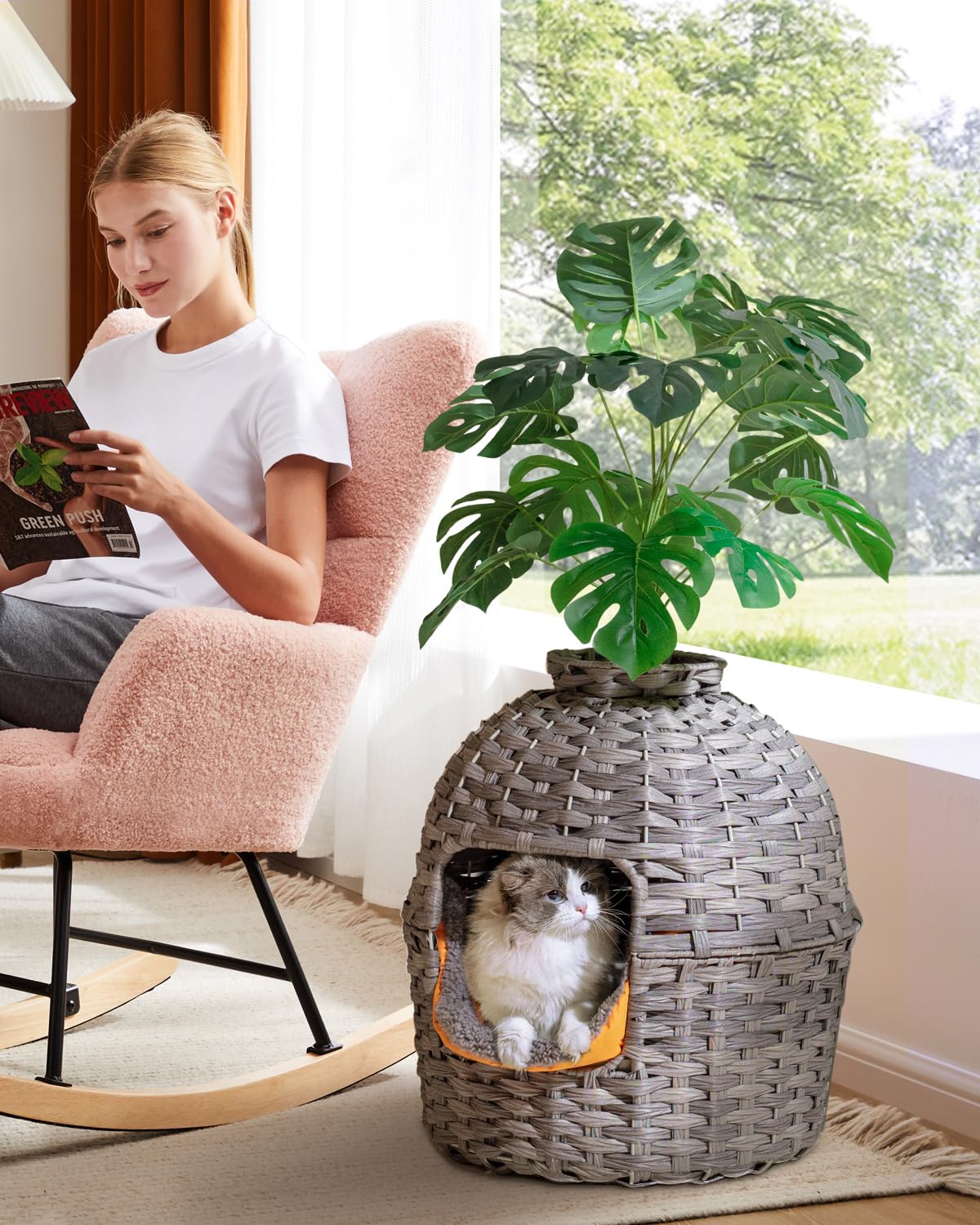 Hidden Cat Litter Box Enclosure with Artificial Plants - Handwoven Rattan Furniture Cover for Discreet Cat Toilet in Living Room | Stylish Home Decor for Pet Owners (Gray)