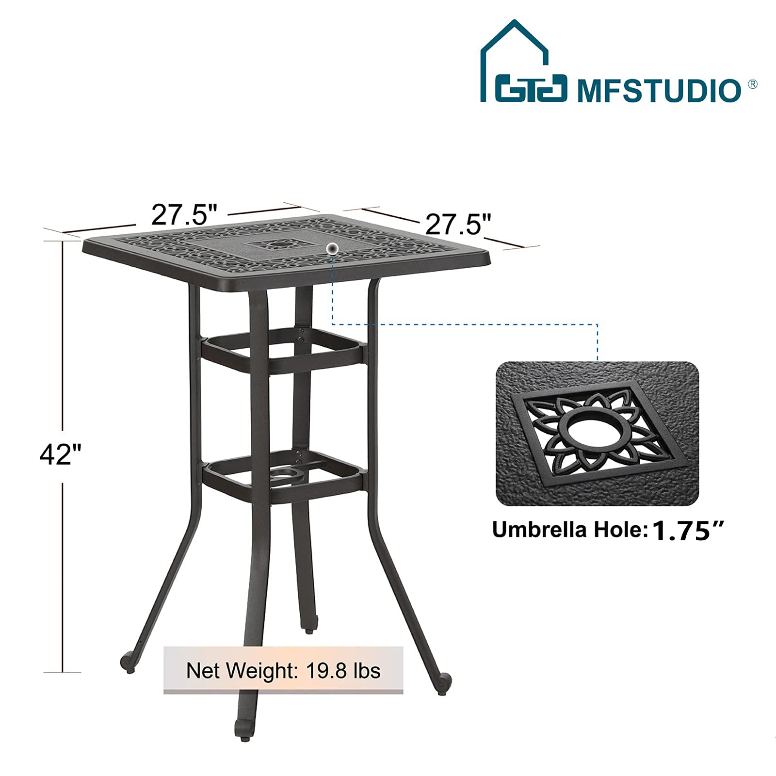 MFSTUDIO 27.5 Inch Square Cast Aluminum Bar Height Patio Table - 42 Inch Tall Outdoor Dining Table with 1.75 Inch Umbrella Hole - Perfect for Bistro, Backyard, Poolside, Garden, Deck, and Outdoor Entertaining - Brown