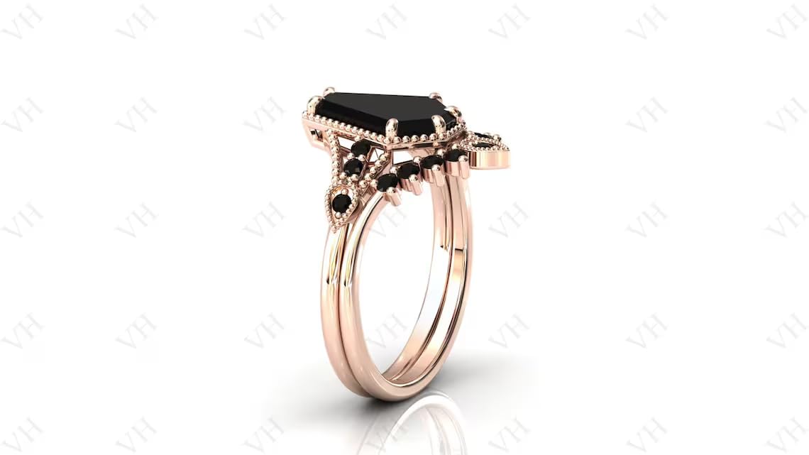 3 CT Art Deco Coffin Shaped Black Onyx Engagement Ring Set - 18K Gold Vintage Wedding Band, Anniversary Jewelry Gift for Women - Perfect for Gothic Brides, Alternative Weddings & Dark Romance Lovers