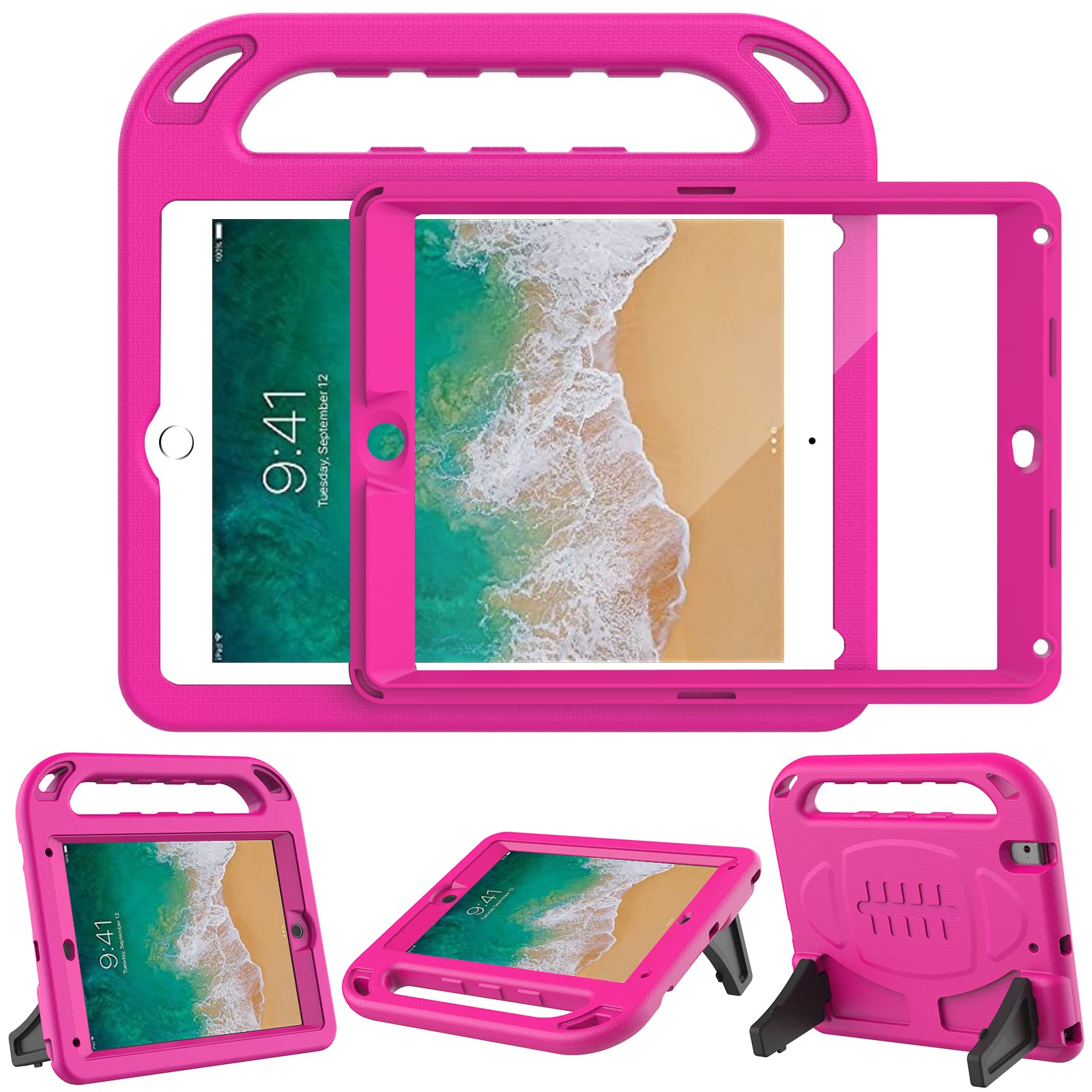 LTROP Shockproof Kids iPad Case for iPad 6th/5th Generation & iPad Air 2 (9.7 Inch 2018/2017) with Built-in Screen Protector & Handle Stand - Rose | Durable Protective Cover for School, Travel, and Home Learning