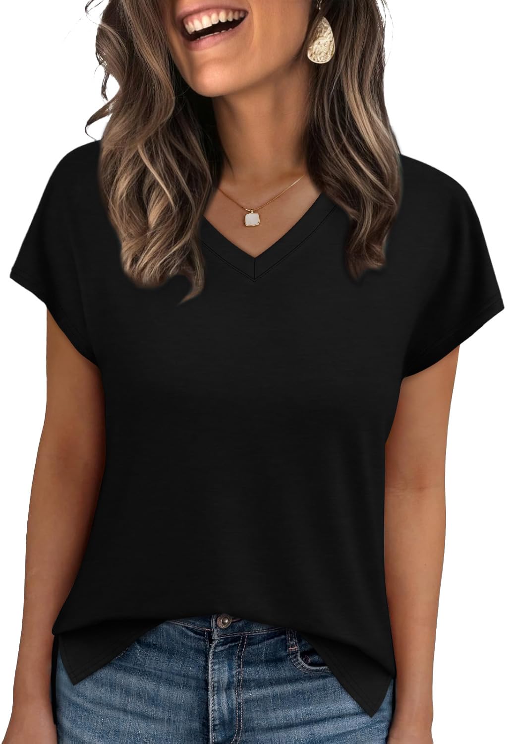 WIHOLL Women's Basic Summer V-Neck T-Shirt - Short Sleeve Loose Fit Casual Tee for Women | Trendy Fashion Top for Everyday Wear, Outings & Summer Outfits
