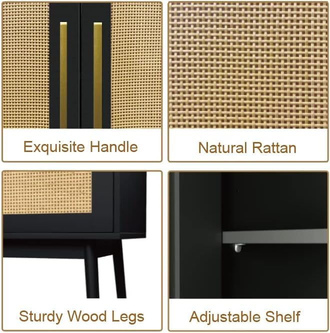 LYNSOM 2-Piece Buffet Cabinet Set with Rattan Doors & Solid Wood Feet - Stylish Sideboard Storage Cabinet for Living Room, Entryway, Hallway - Perfect for Dining Room Storage & Home Decor (Black)