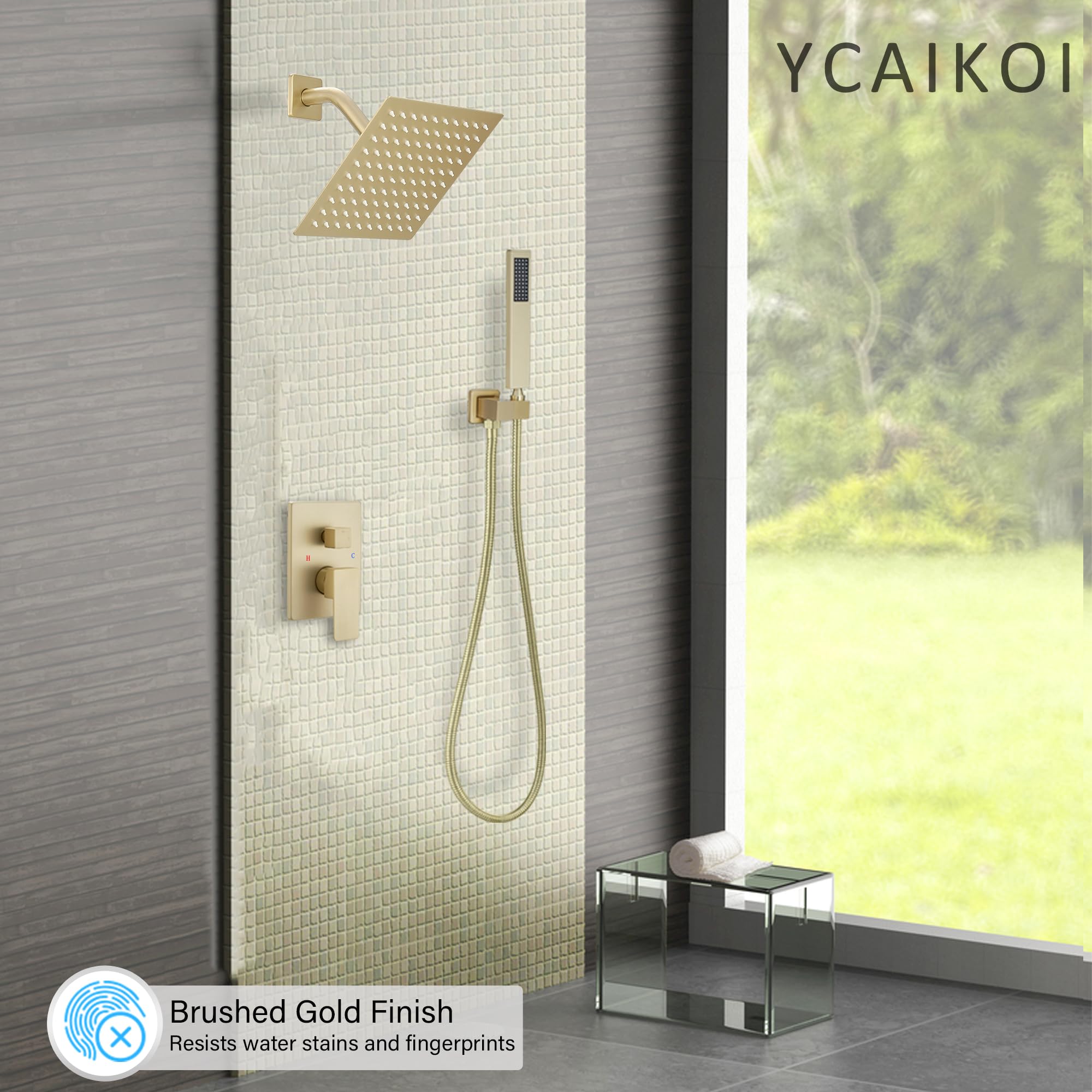 Brushed Gold Shower System - 8 Inch High Pressure Rainfall Showerhead with Handheld Sprayer | Wall Mount Bathroom Faucet Set with Rough-in Valve & Trim Kit | Perfect for Modern Master Bathrooms & Spa-Like Showers