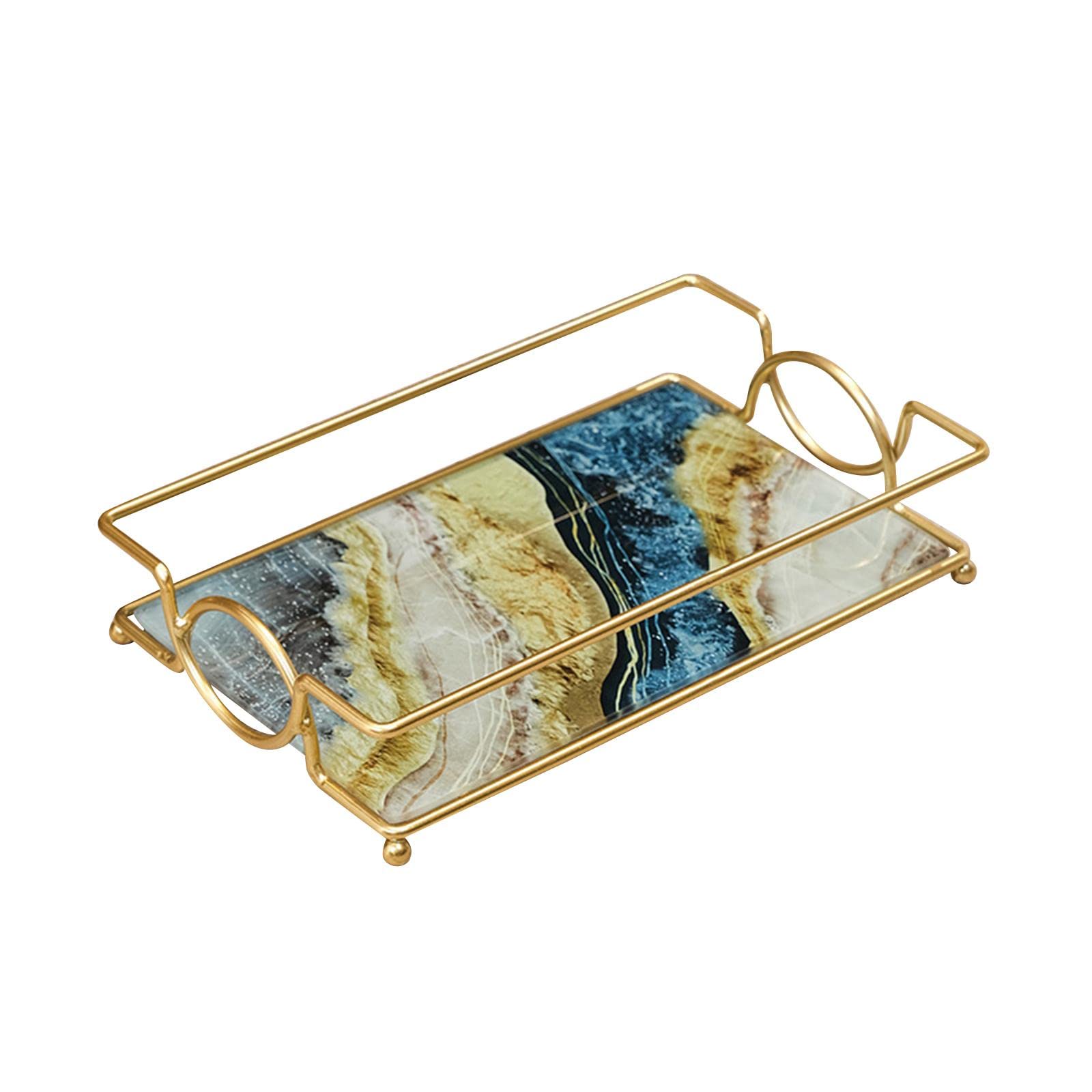 MagiDeal Marble Print Bathroom Vanity Tray - Jewelry Dish, Skincare Organizer & Perfume Holder - Decorative Soap Tray for Sink Countertop, Dresser & Bathroom Decor (Blue & Gold) - Perfect for Makeup Storage, Jewelry Display & Spa Essentials Organization