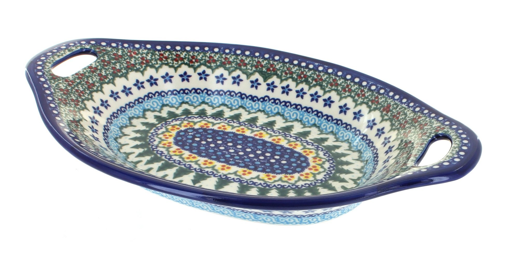 Handmade Blue Rose Polish Pottery Holiday Pine Bread Tray with Handles - Perfect for Christmas Baking, Serving, and Home Decor
