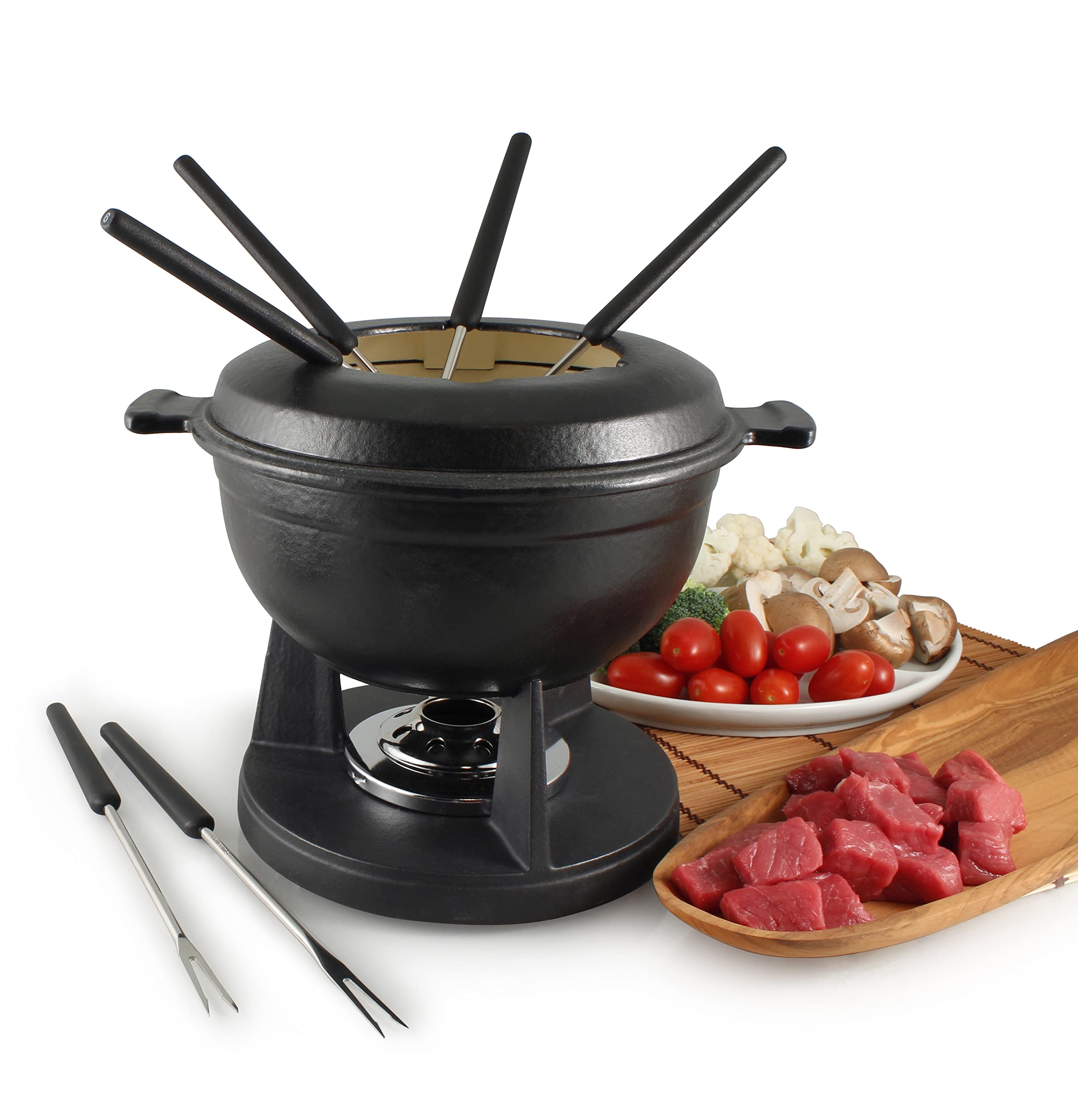 Premium Swissmar F66542 Lucerne 10-Piece Cast Iron Fondue Set in Matte Black - Perfect for Romantic Dinners, Family Gatherings & Holiday Entertaining