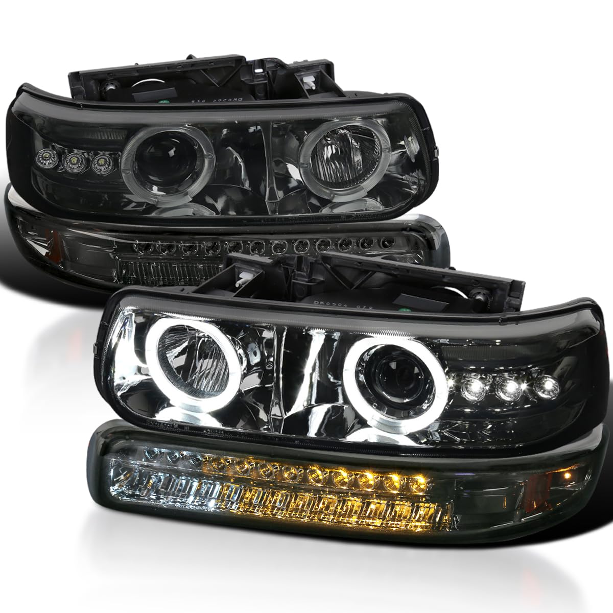 Spec-D Tuning Smoke Halo LED Projector Headlights with Smoke LED Bumper Lights - Compatible with 1992-2002 Chevy Silverado, Tahoe, Suburban - Left & Right Pair Headlamp Assembly - Upgrade Your Truck's Style & Night Visibility
