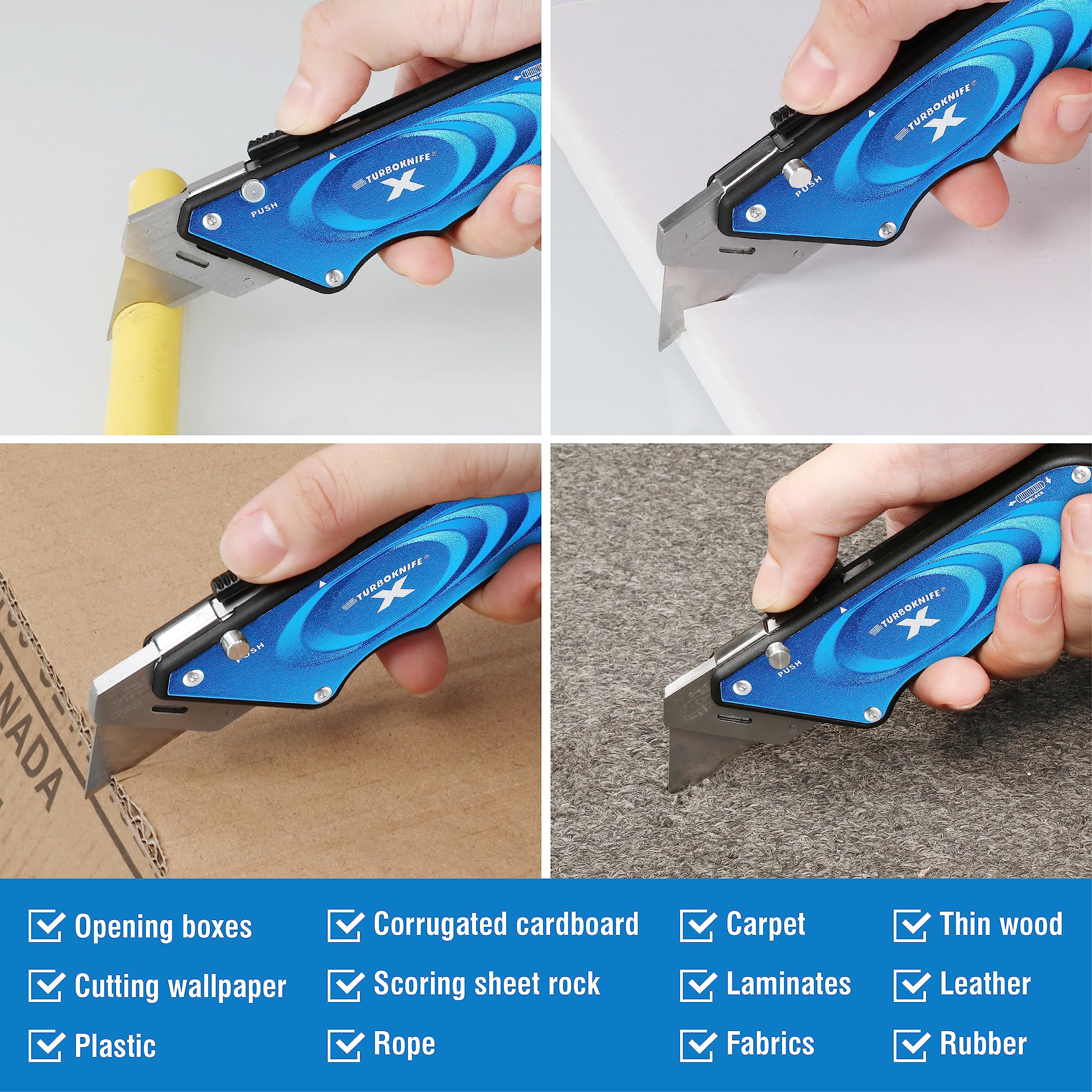 Olympia Tools Turboknife X Utility Knife 33-134 - Heavy Duty Retractable Blade Cutter with Comfort Grip (Blue) - Perfect for Construction, Packaging, and DIY Projects