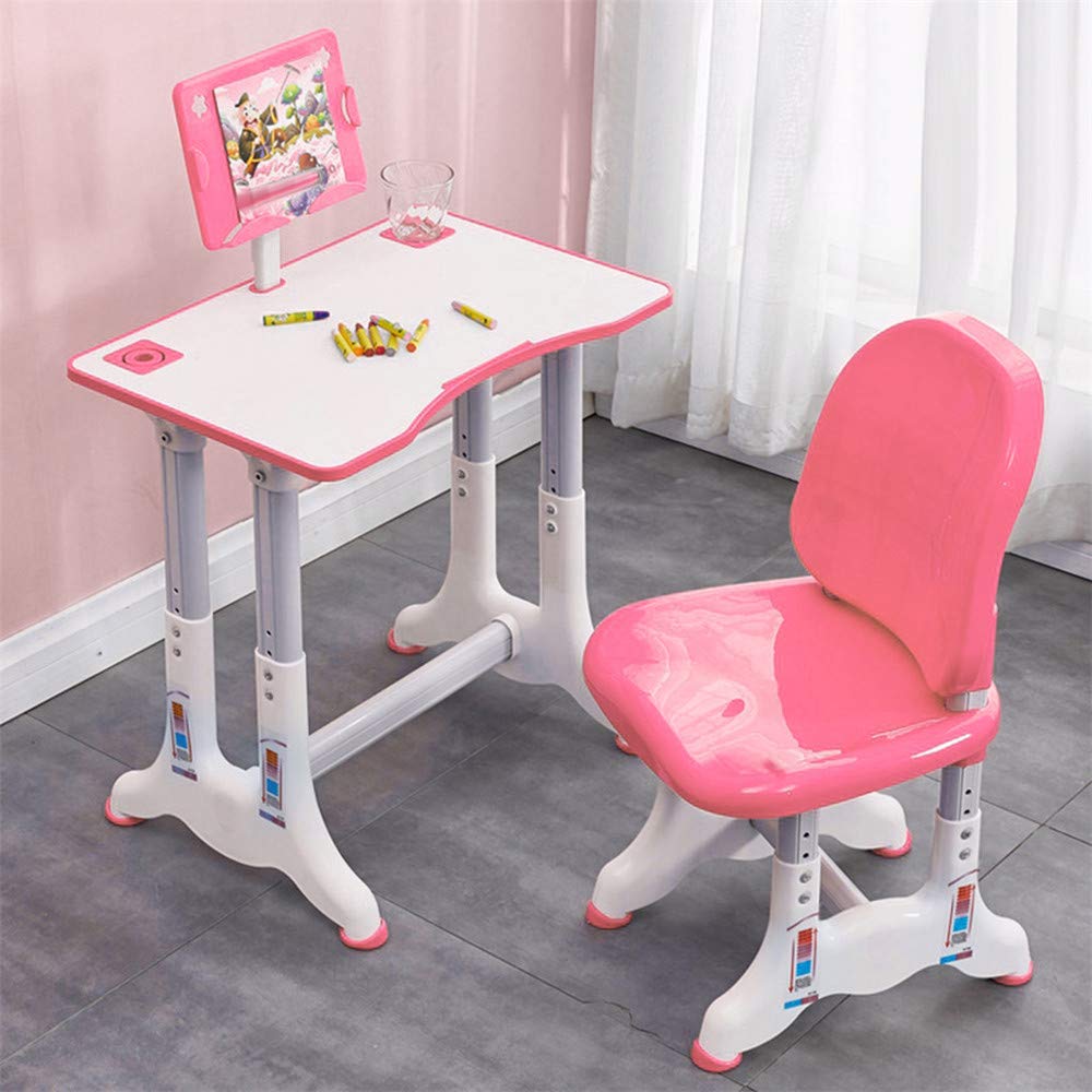 Purplelove Kids Study Desk and Chair Set - Adjustable Height Children's Writing Table with Anti-Reflective Surface, Ergonomic Design, Book Holder & Storage Drawer - Perfect for Home Schooling, Online Learning & Homework (Pink)