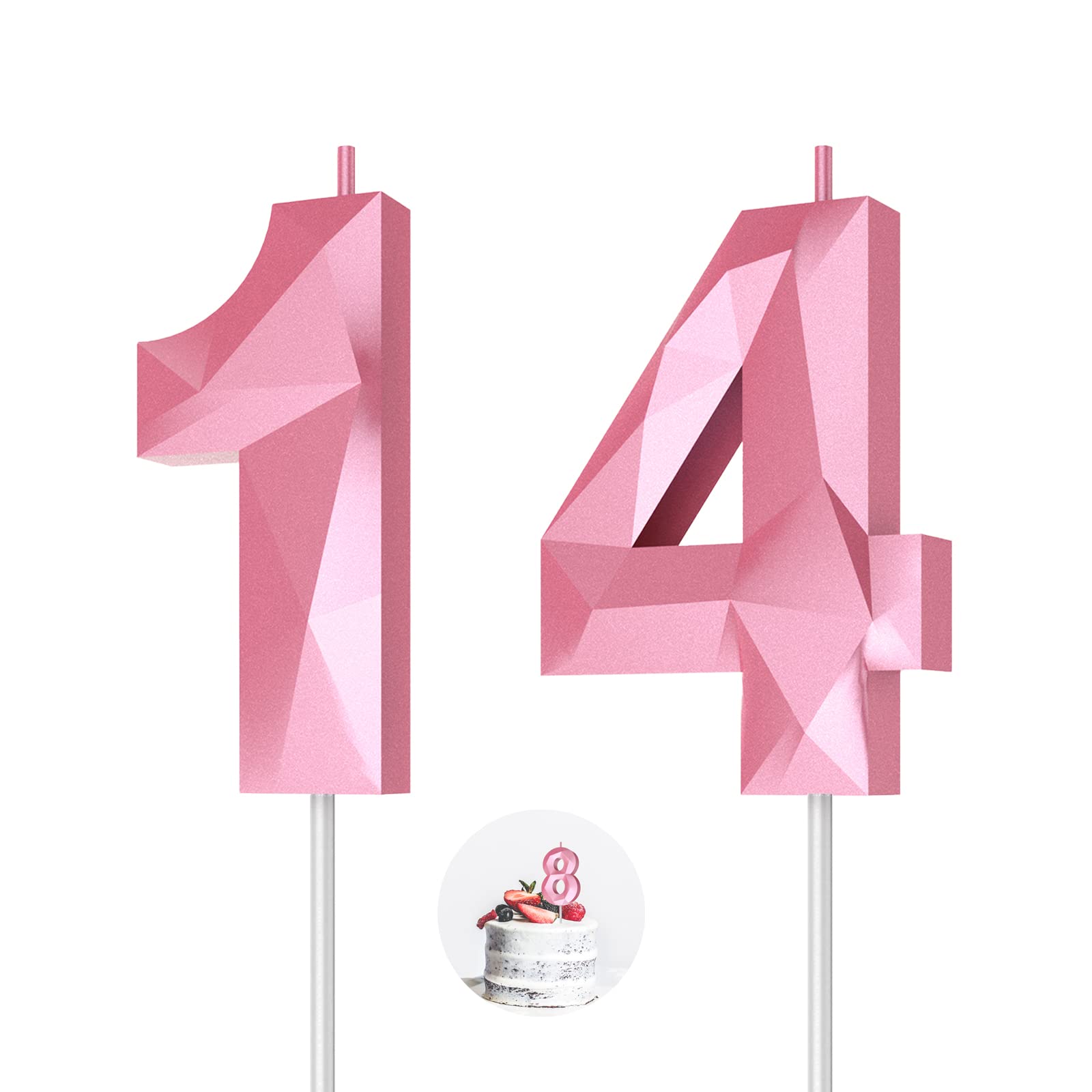 3D Diamond Shape Number 14 Birthday Candles (Pink) - 14th Happy Birthday Cake Topper Decorations for Women, Girls - Perfect for Birthday, Wedding, Anniversary Celebrations & Theme Parties