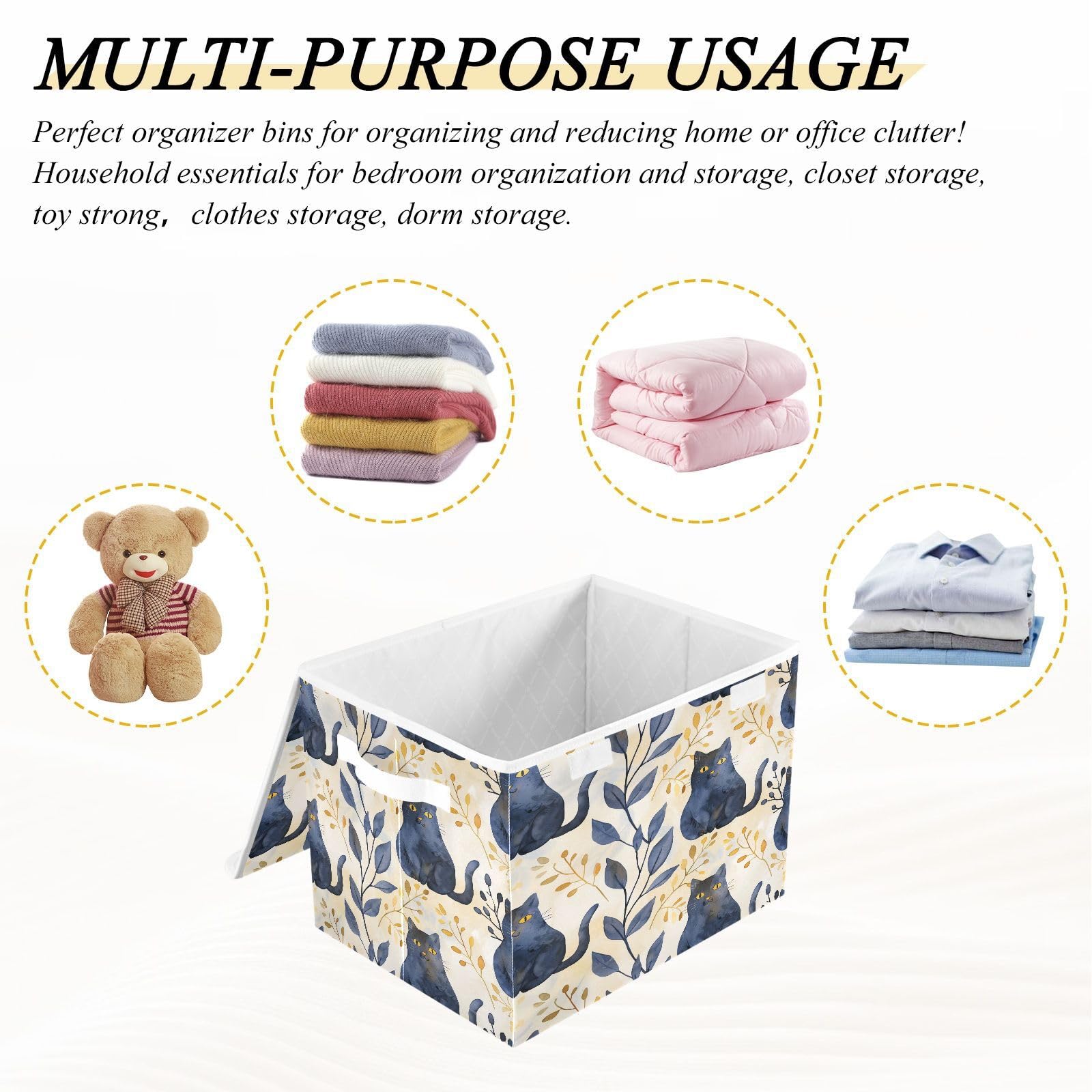 Foldable Fabric Storage Bins with Lids - Cute Cat Pattern Collapsible Organizer Boxes for Home, Bedroom, Closet & Office Organization | Perfect for Toys, Blankets & Seasonal Storage