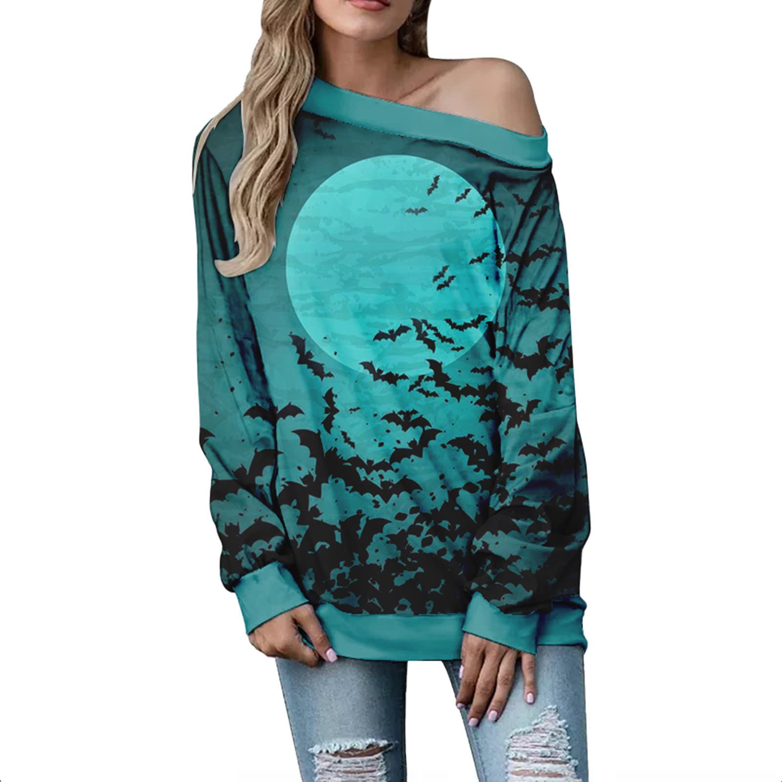 Women's Striped Off Shoulder T-Shirt - Casual Long Sleeve Blouse Tunic with Funny Halloween Print | Perfect for Party, Cosplay & Everyday Wear