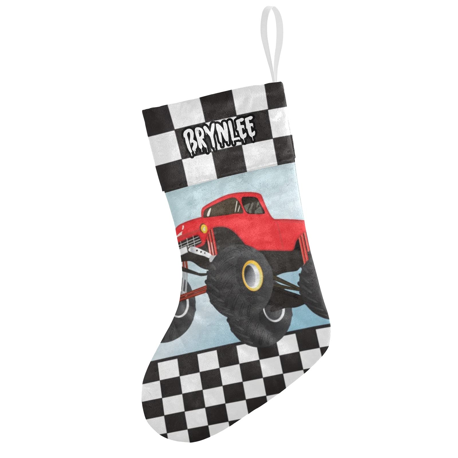 Custom Personalized Red Monster Truck Christmas Stockings with Name - Large Family Holiday Stocking for Adults, Kids, Baby & Pets - Perfect for Xmas Decorations & Gifts for Boys, Girls & Families