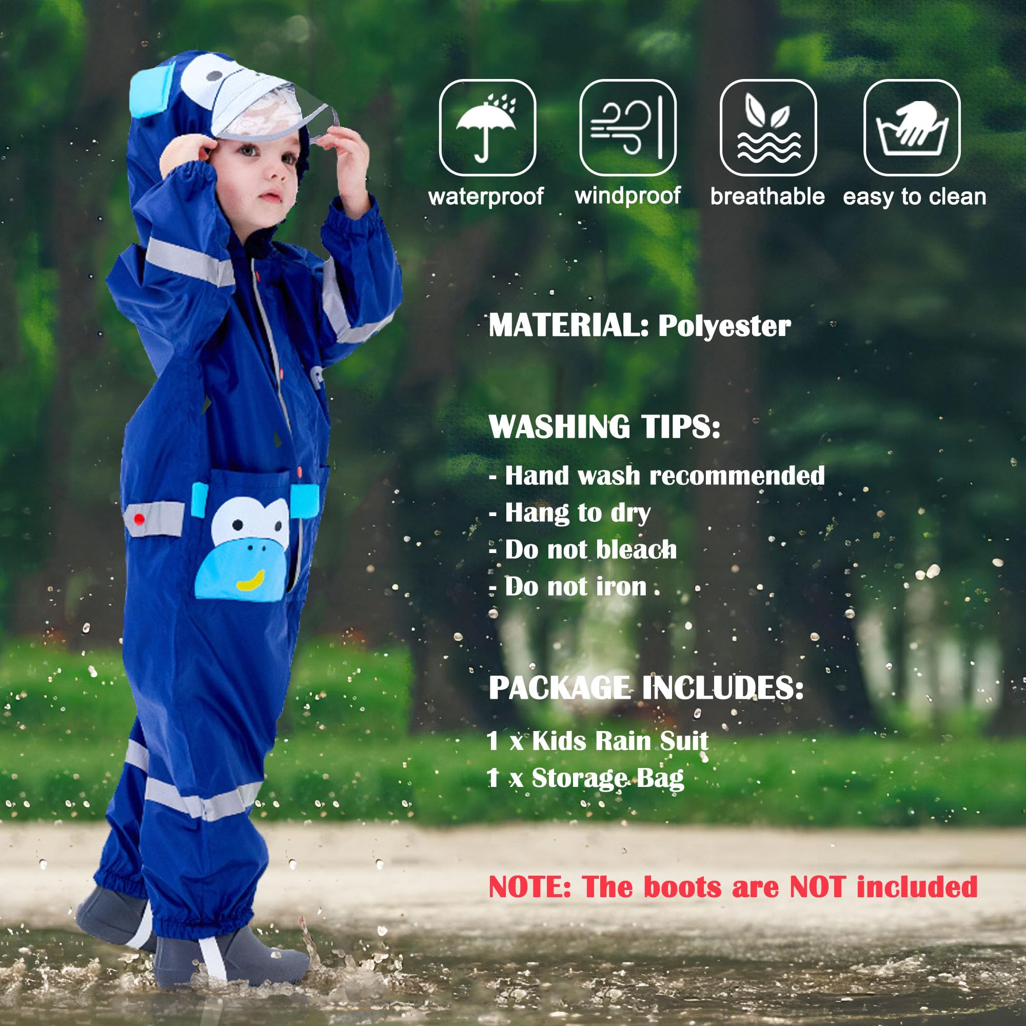Waterproof Kids Rain Suit with Hood - Cute Monkey Print One-Piece Raincoat for Boys & Girls Ages 5-7 (Size L) - Perfect for Outdoor Play, School & Rainy Day Adventures