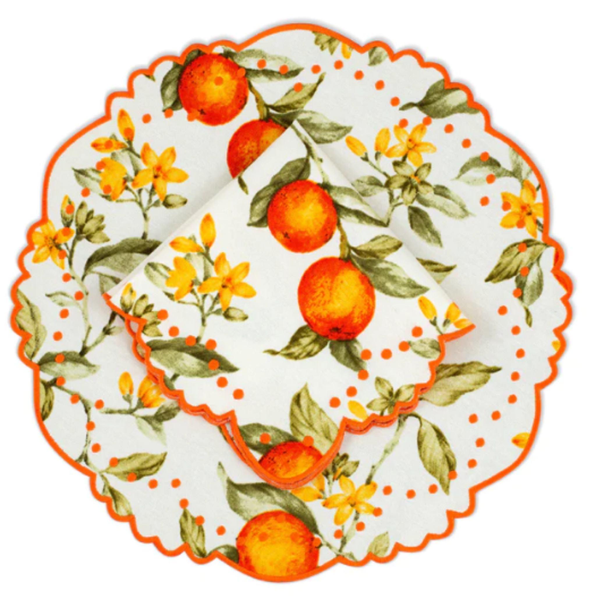 Berenice Citrus Embroidered Cotton Placemat and Napkin Set - 4 Piece Table Setting for Spring Dining, Brunch, and Outdoor Picnics
