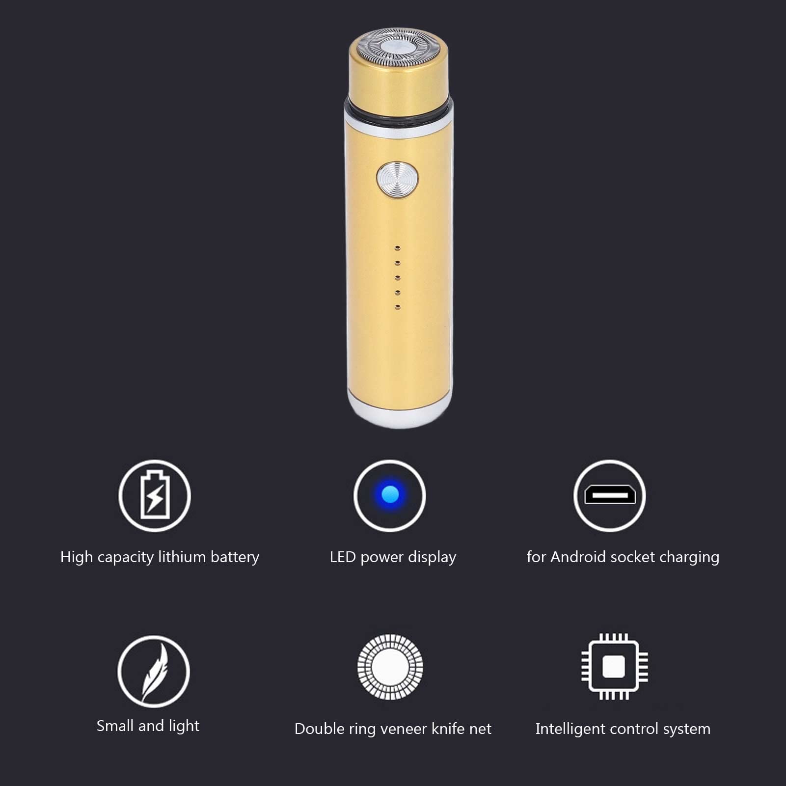 Portable USB Electric Mini Shaver for Men - Low Noise, Power Display, Gold - Perfect for Travel, Gym & Quick Grooming at Home or Office