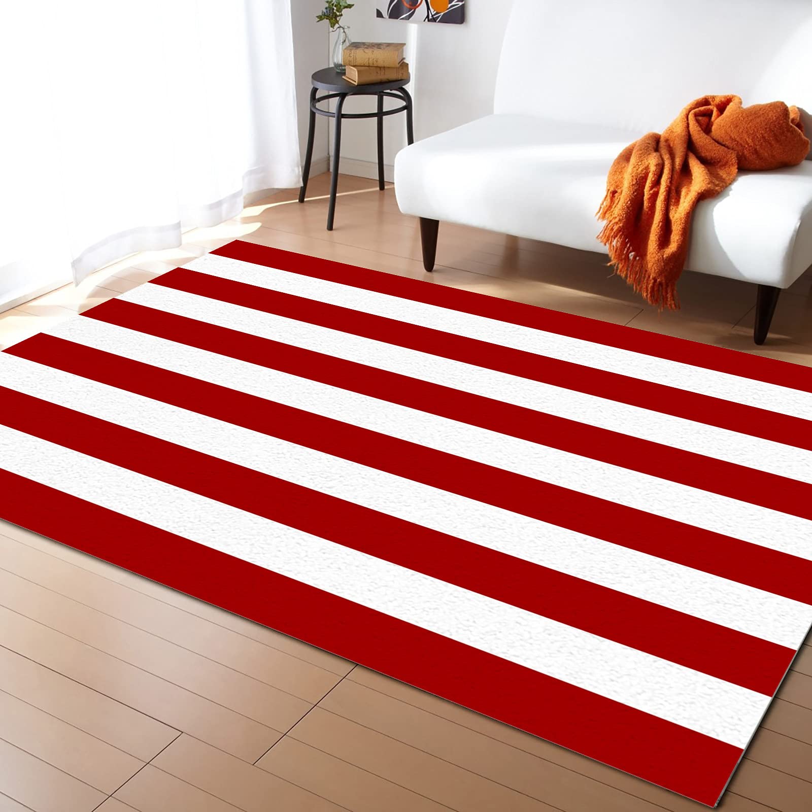 5'x7' Large Rectangle Area Rug - Red & White Striped Washable Non-Slip Carpet for Living Room, Nursery, Bedroom | Luxury Home Decor with Simple Geometric Pattern | Perfect for Holiday Decorations & Everyday Comfort
