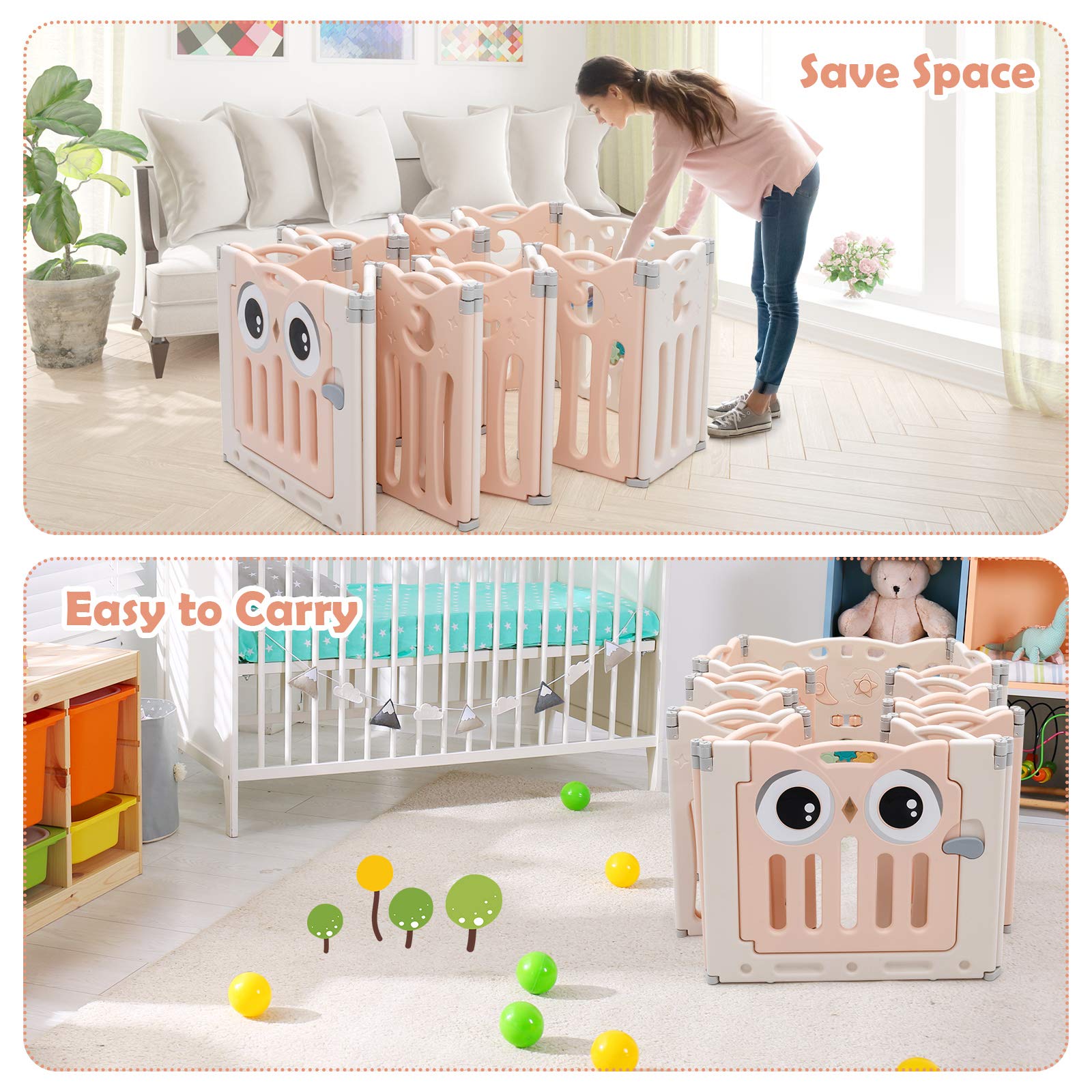 HONEY JOY 16-Panel Baby Playpen with Anti-Slip Base & Lockable Door - Owl Design Play Yard for Toddlers, Indoor Safety Play Area for Boys & Girls (Pink) - Perfect for Home, Nursery, Daycare & Playtime Safety