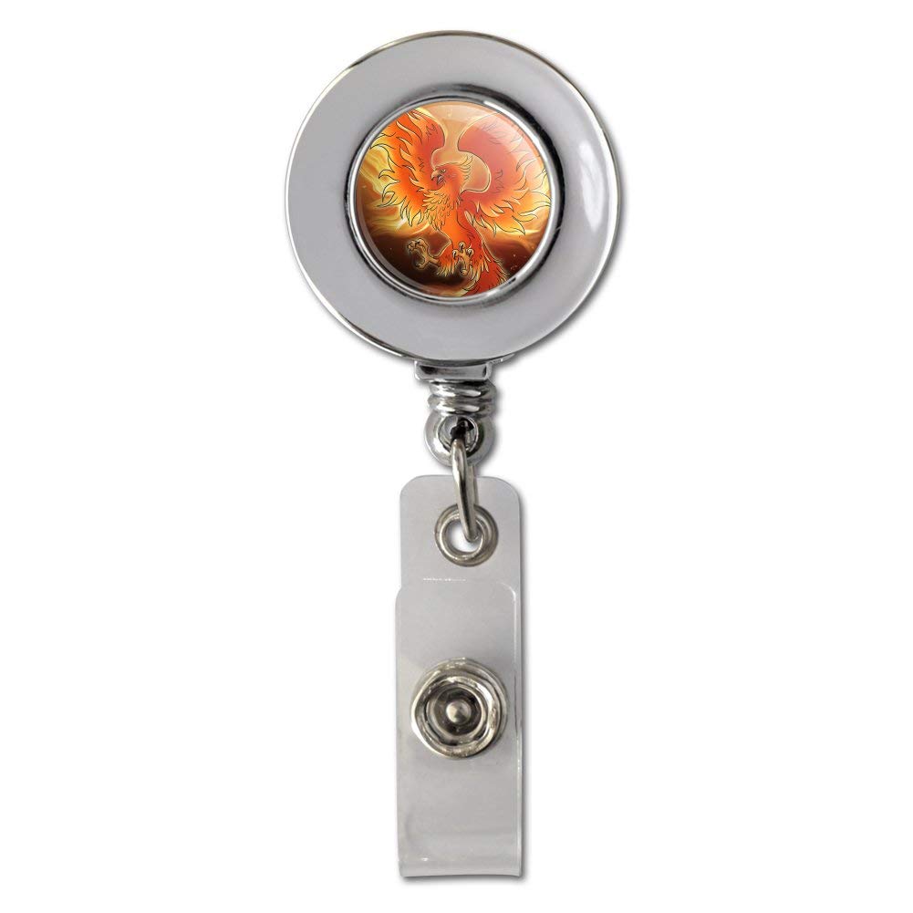 Phoenix Rising from The Flames Retractable ID Badge Holder - Chrome Metal Reel Clip for Security, Office & Events | Durable Card Holder for Work, Conventions & Professional Use