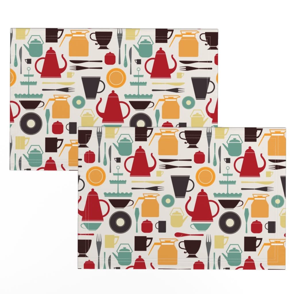 Premium Linen Cotton Canvas Placemats Set of 2 - Vintage Kitchen Decor, Tea Pot & Coffee Time Retro Print Table Mats for Dining, Breakfast, and Home Decor | Washable & Durable by Spoonflower