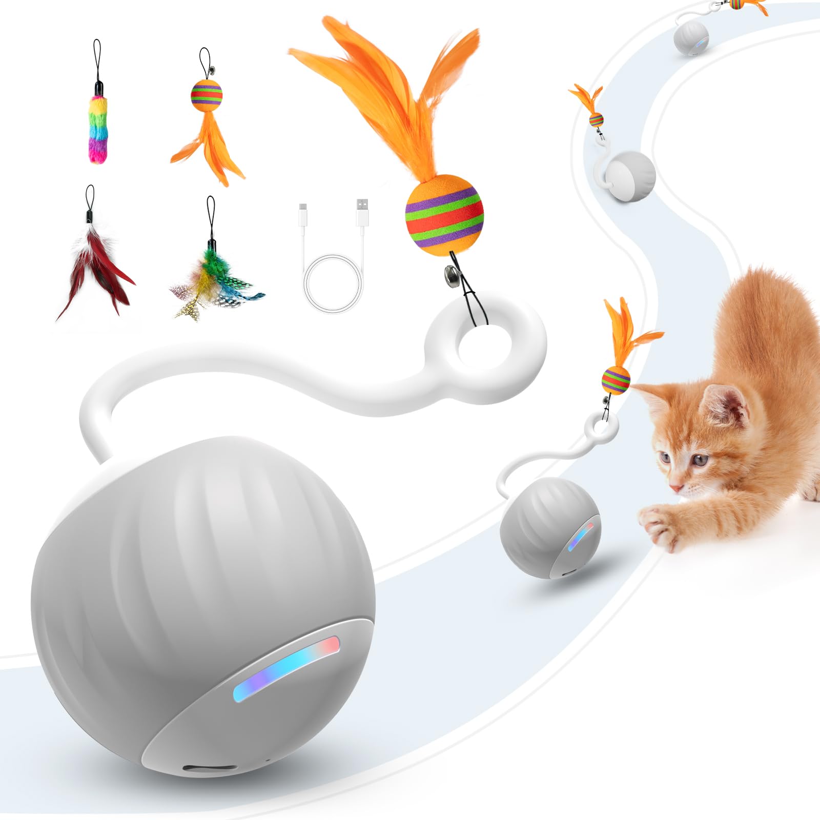 AAA AMUSANG 5-in-1 Interactive Cat Toys - Smart Automatic Motion Cat Ball with Sound & Touch Control, Durable LED Feather Toy for Indoor Kittens (Type-C Charging, Grey) - Perfect for Playtime, Exercise & Bonding with Your Feline Friend