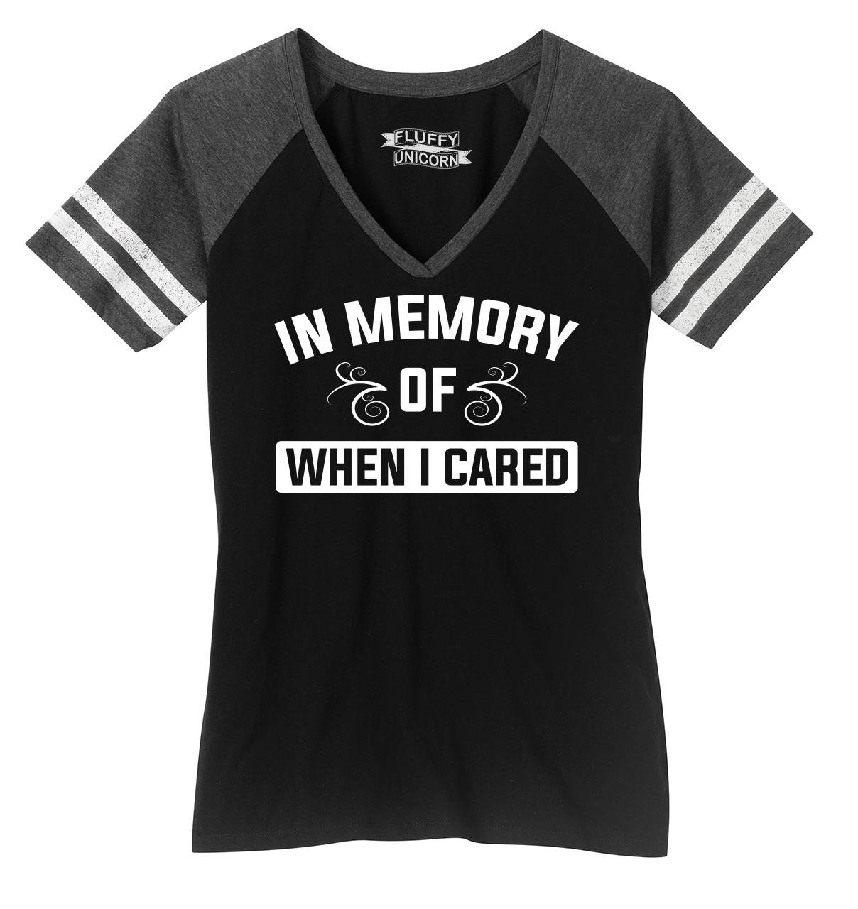 Funny Memory Tee for Women - 'In Memory of When I Cared' Humorous V-Neck T-Shirt | Casual Wear, Gift Idea & Conversation Starter