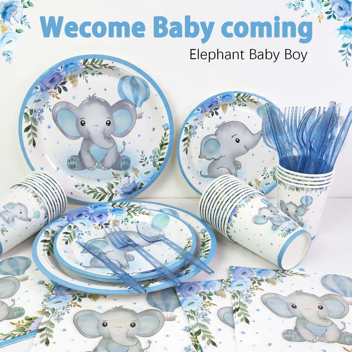 175Pcs Elephant Baby Shower Decorations Set - Blue Floral Theme Paper Plates, Napkins, Cups & Utensils for 25 Guests | Perfect for Baby Boy Shower, Birthday Party & Gender Reveal Celebrations