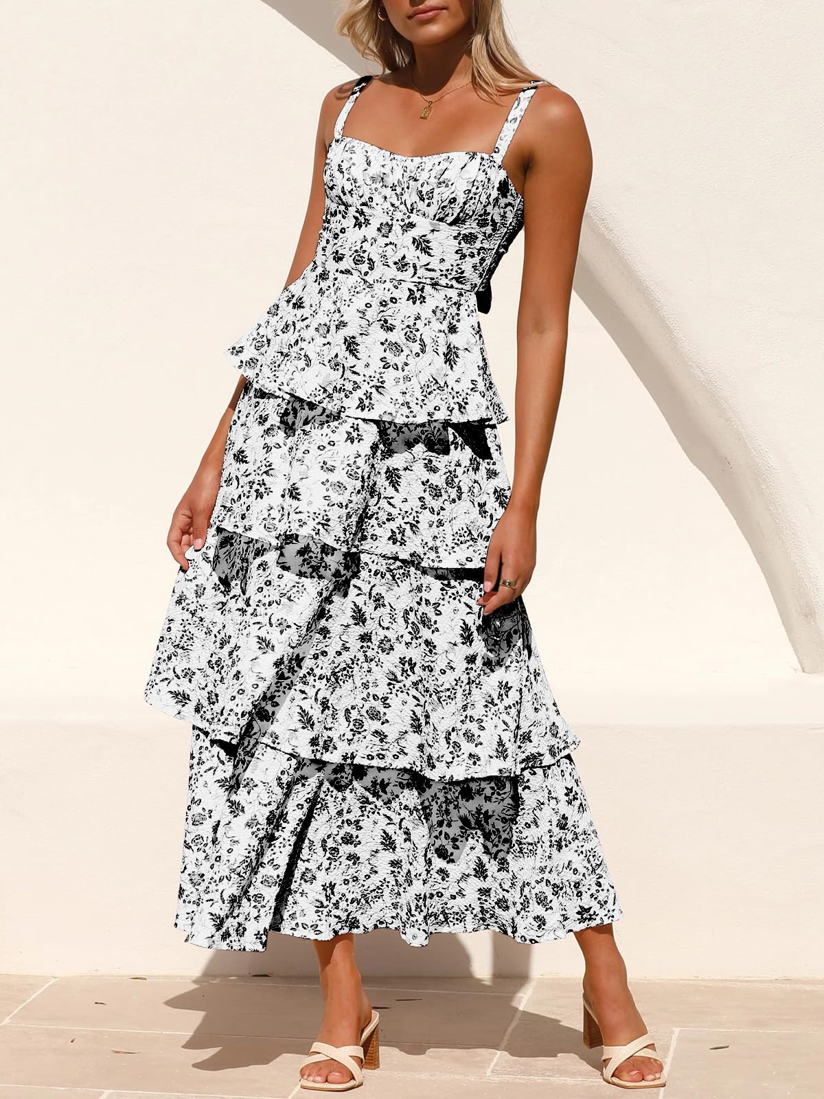 Fisoew Women's Floral Maxi Dress - Spaghetti Strap Sleeveless Summer Dress with Ruffle & Tiered Design | Perfect for Beach Vacation, Date Night & Casual Outings