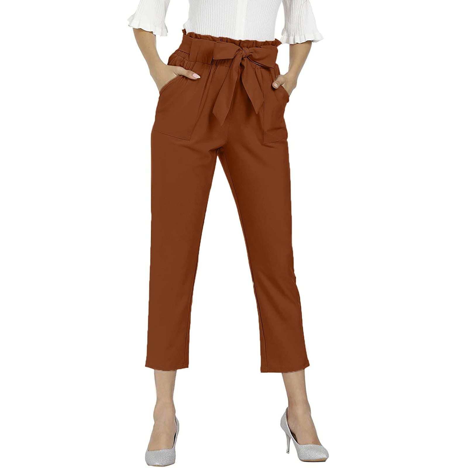 Women's High Waist Paperbag Pants - Casual Work Pencil Pants with Bow-Knot Pockets | Office Wear, Business Casual & Everyday Outfits