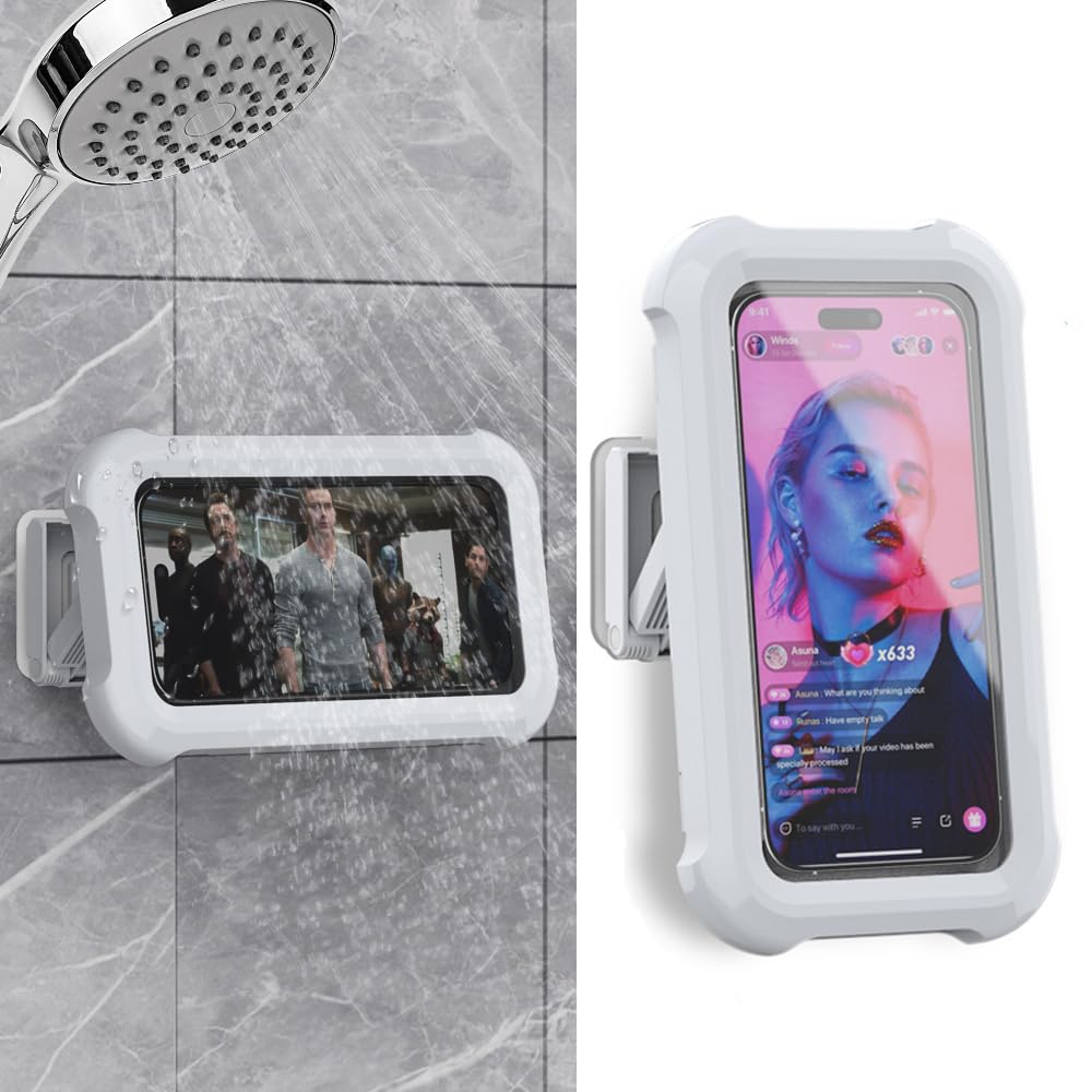 Waterproof Shower Phone Holder - 480° Rotating Wall Mount with HD Touch Screen, Fits iPhone 15/14/13/12 Pro/11/XR/Max & Samsung Galaxy S21 (Up to 7