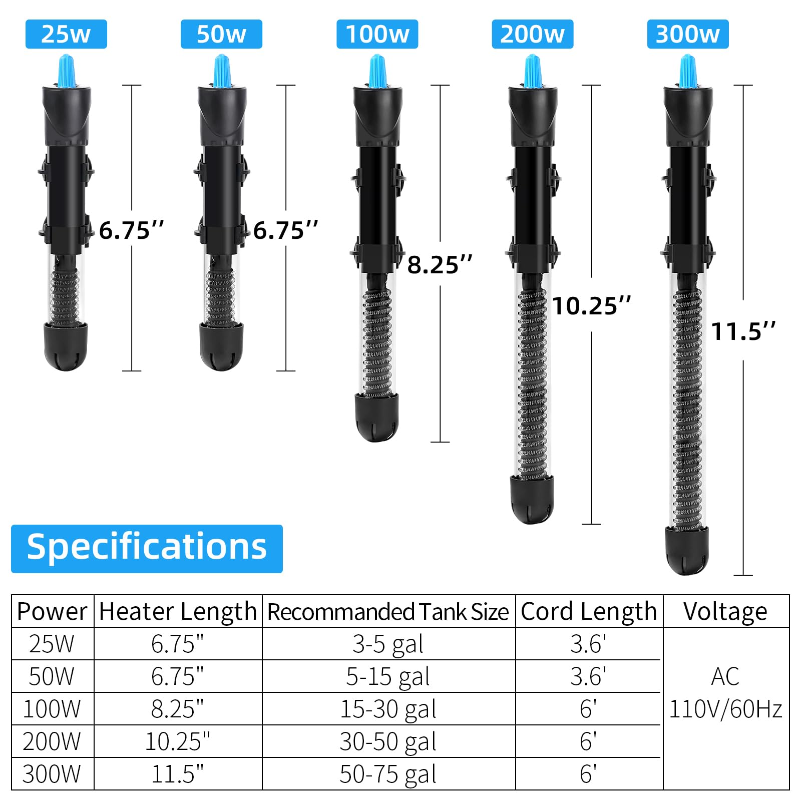 AQUANEAT 25W Adjustable Submersible Aquarium Heater with Thermometer - Reliable Fish Tank Water Heater for Tropical Fish, Betta, Goldfish & Marine Tanks - Perfect for Home, Office & Pet Store Aquariums