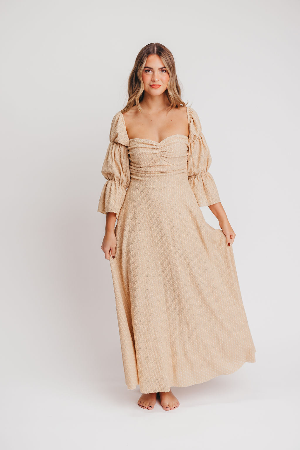 Corrine Tiered Sleeve Maxi Dress with Pockets - Bump Friendly Maternity Dress in Beige | Perfect for Pregnancy, Nursing, and Special Occasions
