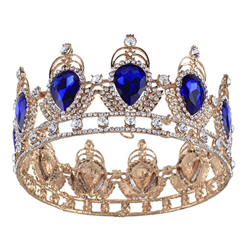 Amazing King/Queen Crown with Simulated Red Ruby & Sapphire Stones, Gold-Blue Water Drop Tiara for Weddings, Proms, and Cosplay