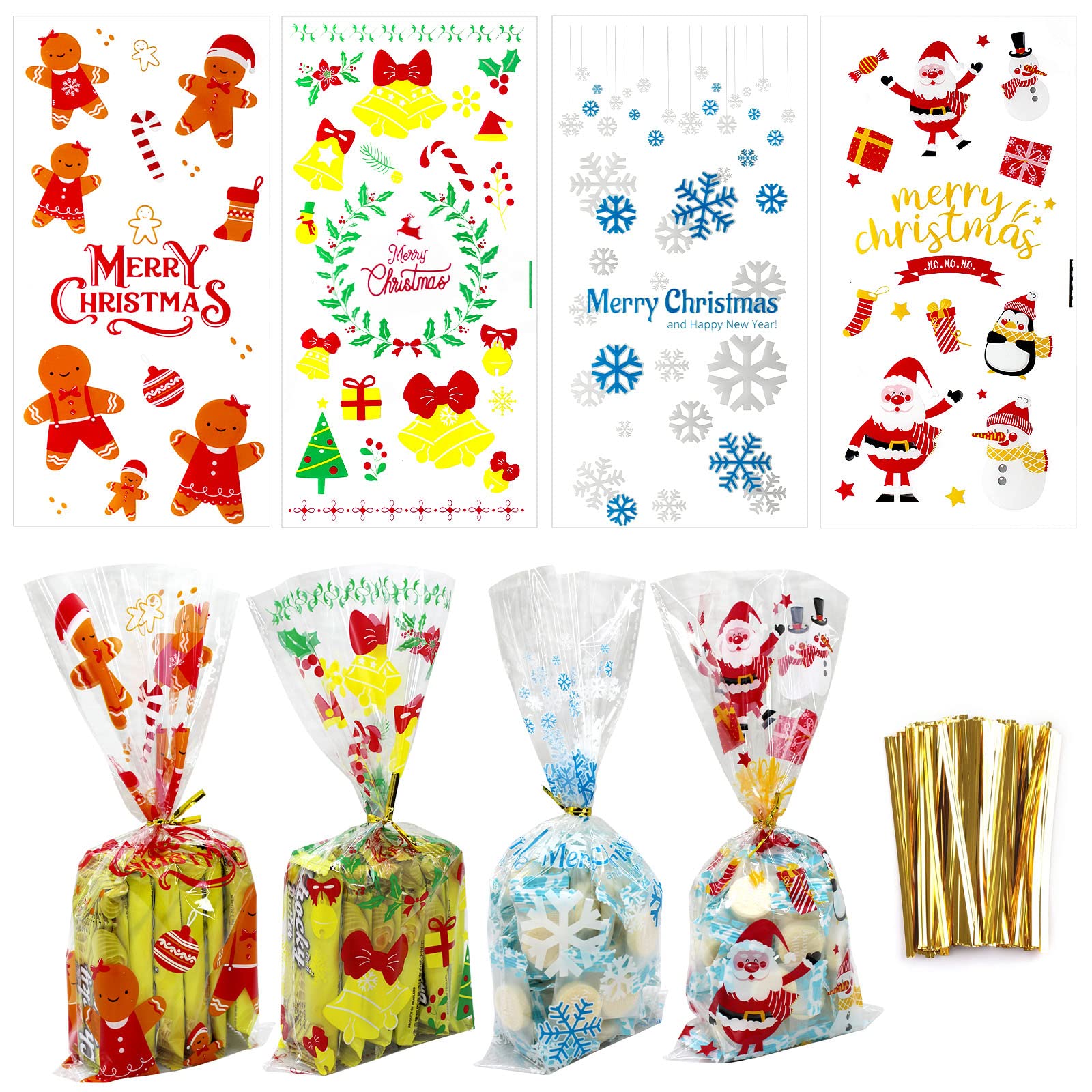 ZMCINER 120PCS Christmas Cellophane Candy Bags with Twist Ties - Holiday Party Favor Supplies for Christmas Treats, Gifts & Candy Storage | Perfect for Christmas Parties, Gift Wrapping & Holiday Celebrations