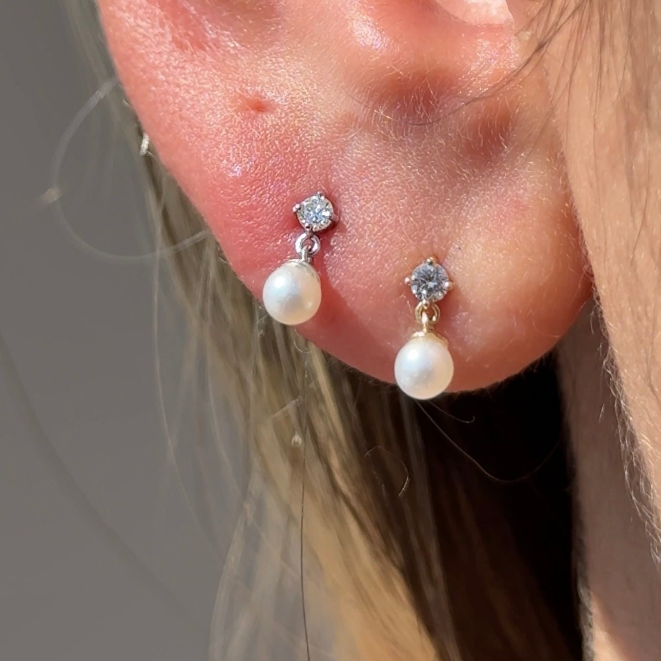 14k White Gold Diamond & Pearl Drop Stud Earrings - Elegant Flat Back Design for Women, Perfect for Weddings, Parties & Everyday Wear
