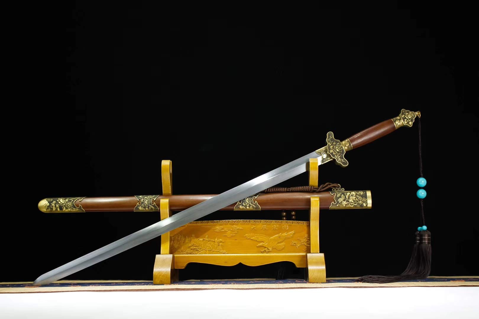 Hand-Forged Damascus Steel Peony Sword - Chinese Style Gift with Brass Fittings & Rosewood Handle (Full Tang) - Perfect for Martial Arts, Home Decor, and Collector's Display