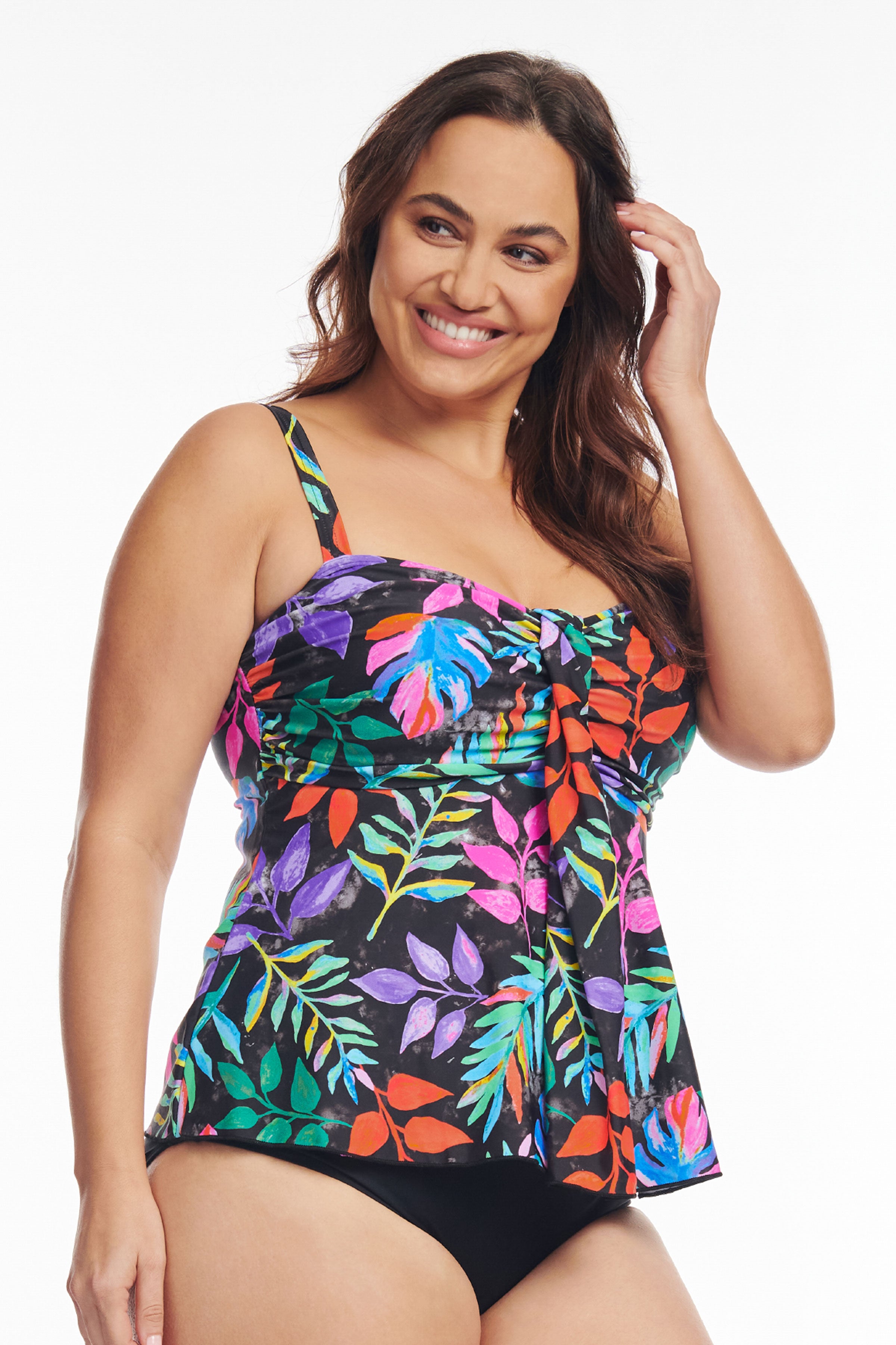 Plus Size Drape Bandeau Tankini Top - Floral Print Swimwear for Women, Tropical Floral Design, Comfortable & Stylish Swim Top for Beach, Pool & Vacation