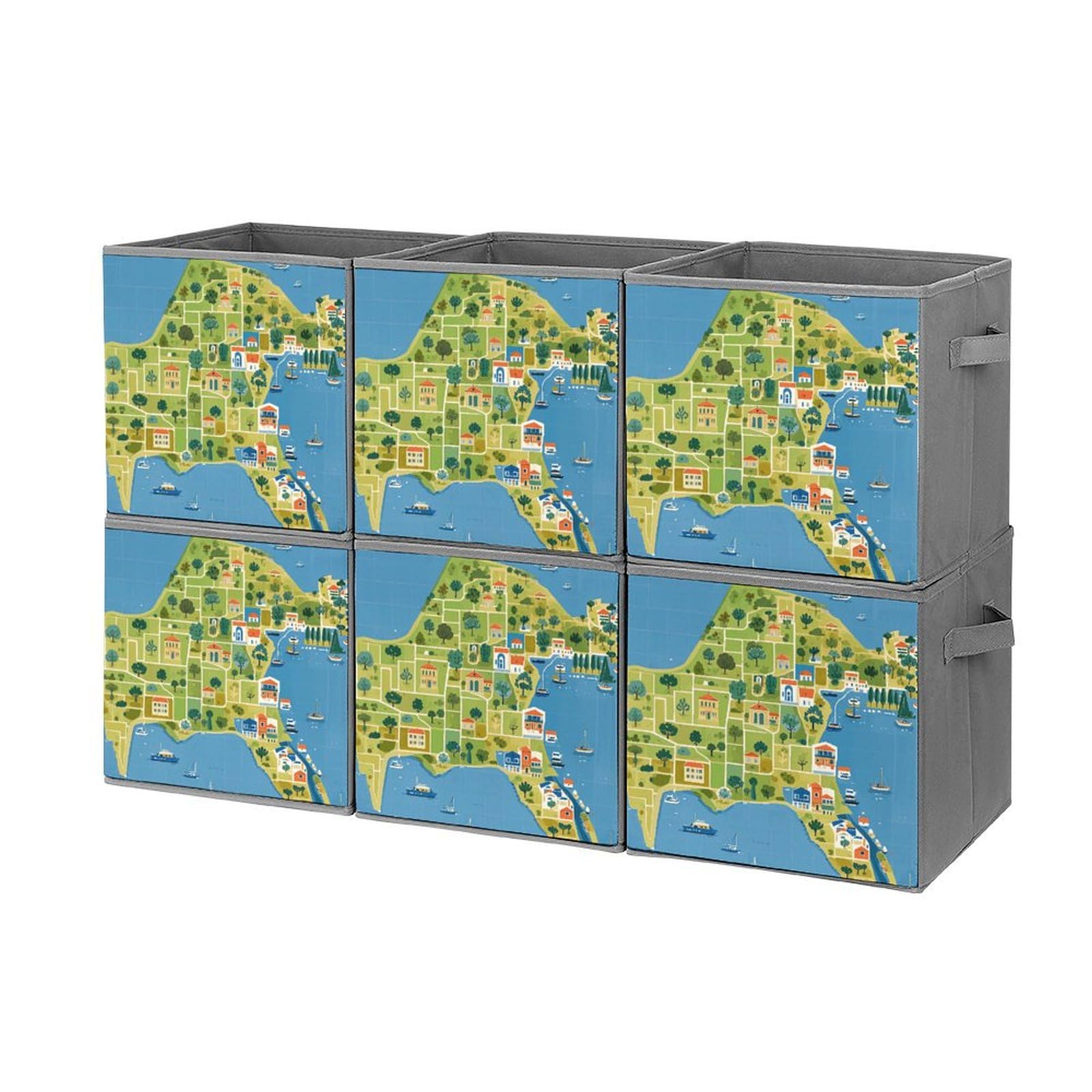 6-Piece Collapsible Storage Bins with Handles - Greece Map Printed Foldable Storage Boxes for Home Organization, Shelves, Closet & Office (Multi-Functional Storage Baskets) - Perfect for Organizing Toys, Books, Clothes & Household Items